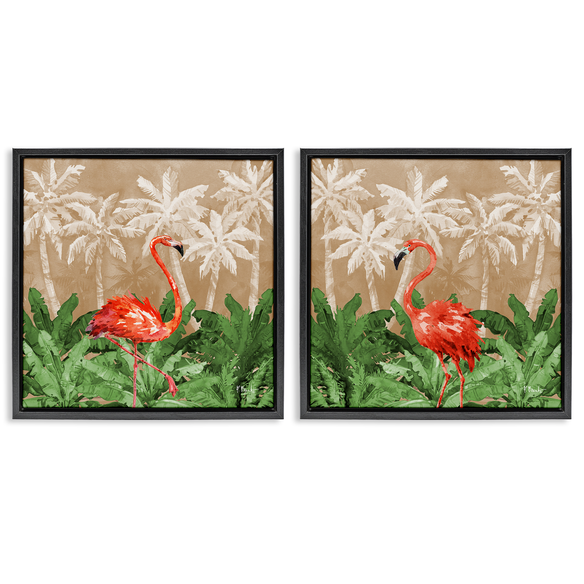 Stupell Industries Flamingoes in the Jungle Animals Painting Black Floater Framed Canvas Art Print Wall Art, 18 x 18, Set of 2