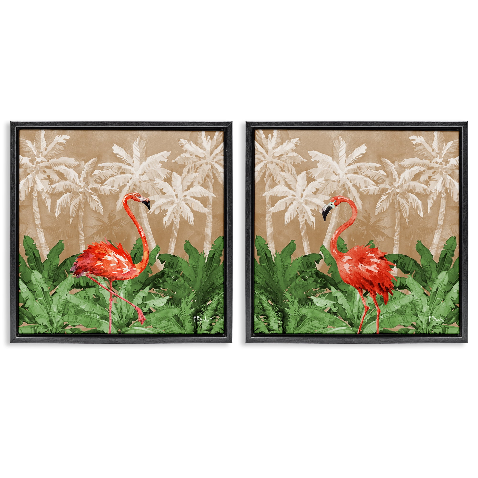 Stupell Industries Flamingoes in the Jungle Animals Painting Black Floater Framed Canvas Art Print Wall Art, 25 x 25, Set of 2