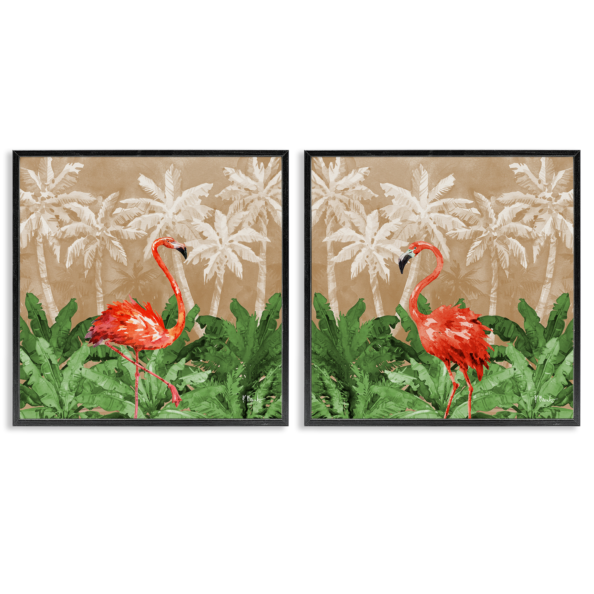 Stupell Industries Flamingoes in the Jungle Animals Painting Black Framed Art Print Wall Art, 12 x 12, Set of 2