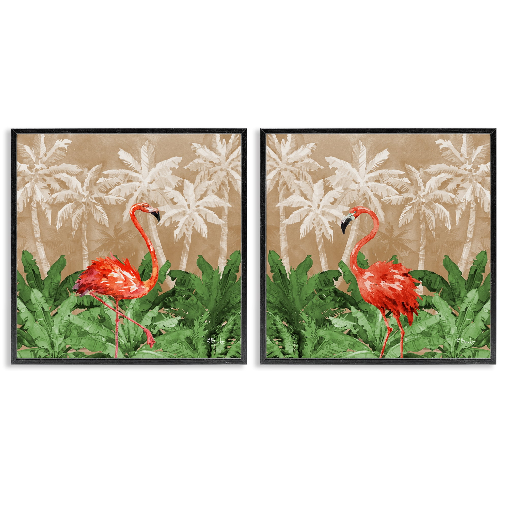 Stupell Industries Flamingoes in the Jungle Animals Painting Black Framed Art Print Wall Art, 17 x 17, Set of 2