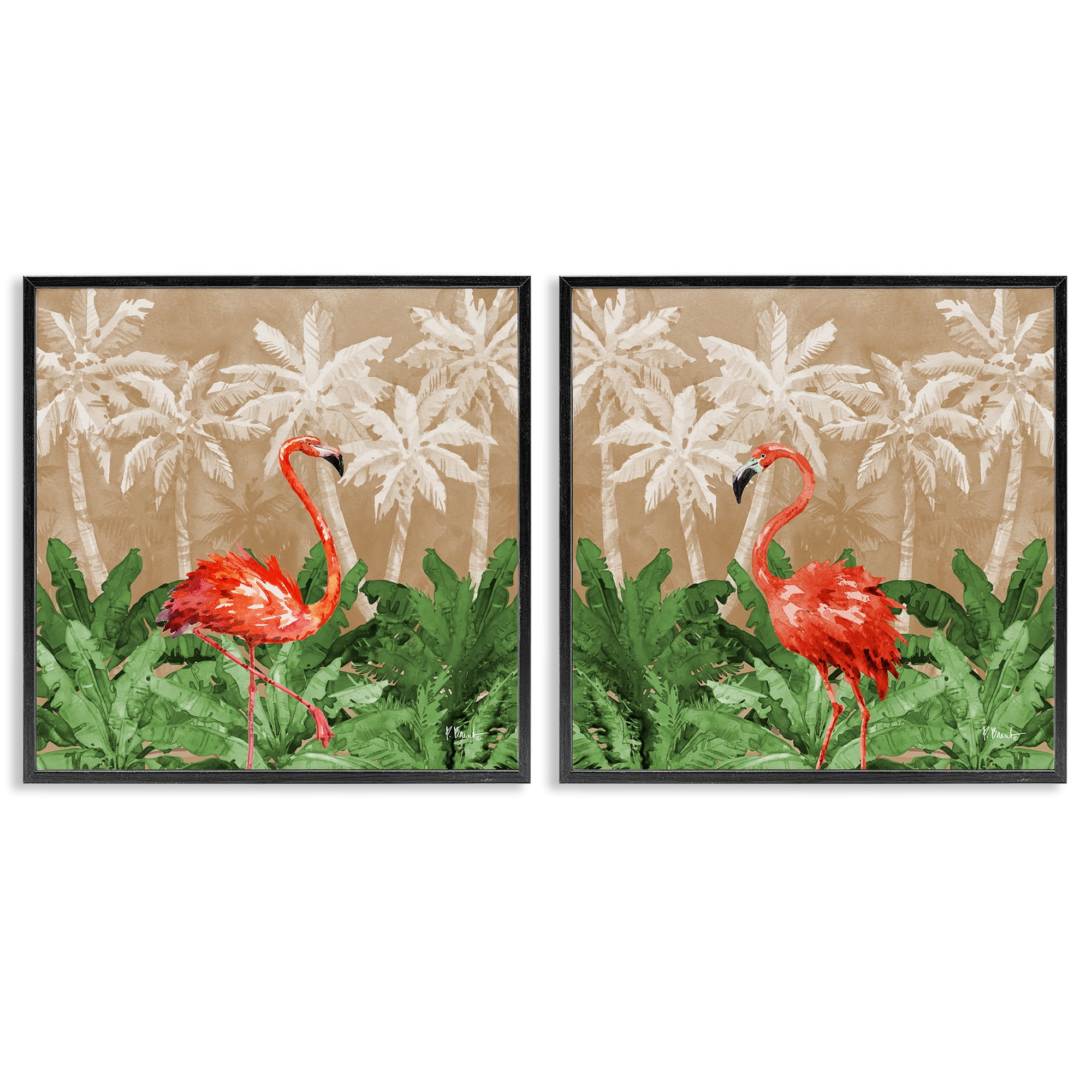 Stupell Industries Flamingoes in the Jungle Animals Painting Black Framed Art Print Wall Art, 24 x 24, Set of 2