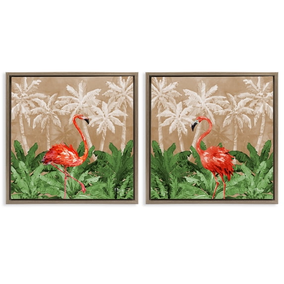 Stupell Industries Flamingoes in the Jungle Animals Painting Brown Floater Framed Canvas Art Print Wall Art, 18 x 18, Set of 2