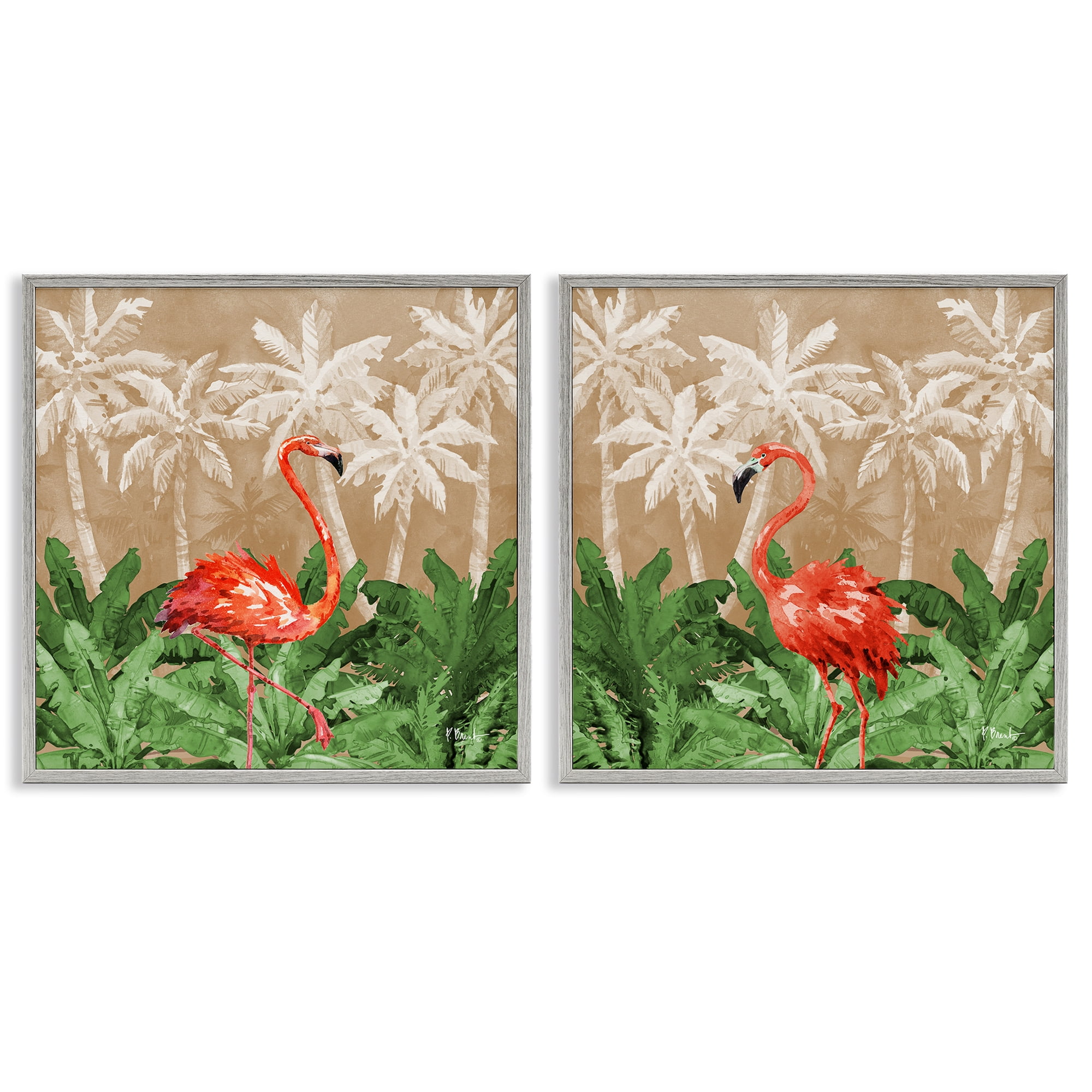 Stupell Industries Flamingoes in the Jungle Animals Painting Gray Framed Art Print Wall Art, 12 x 12, Set of 2