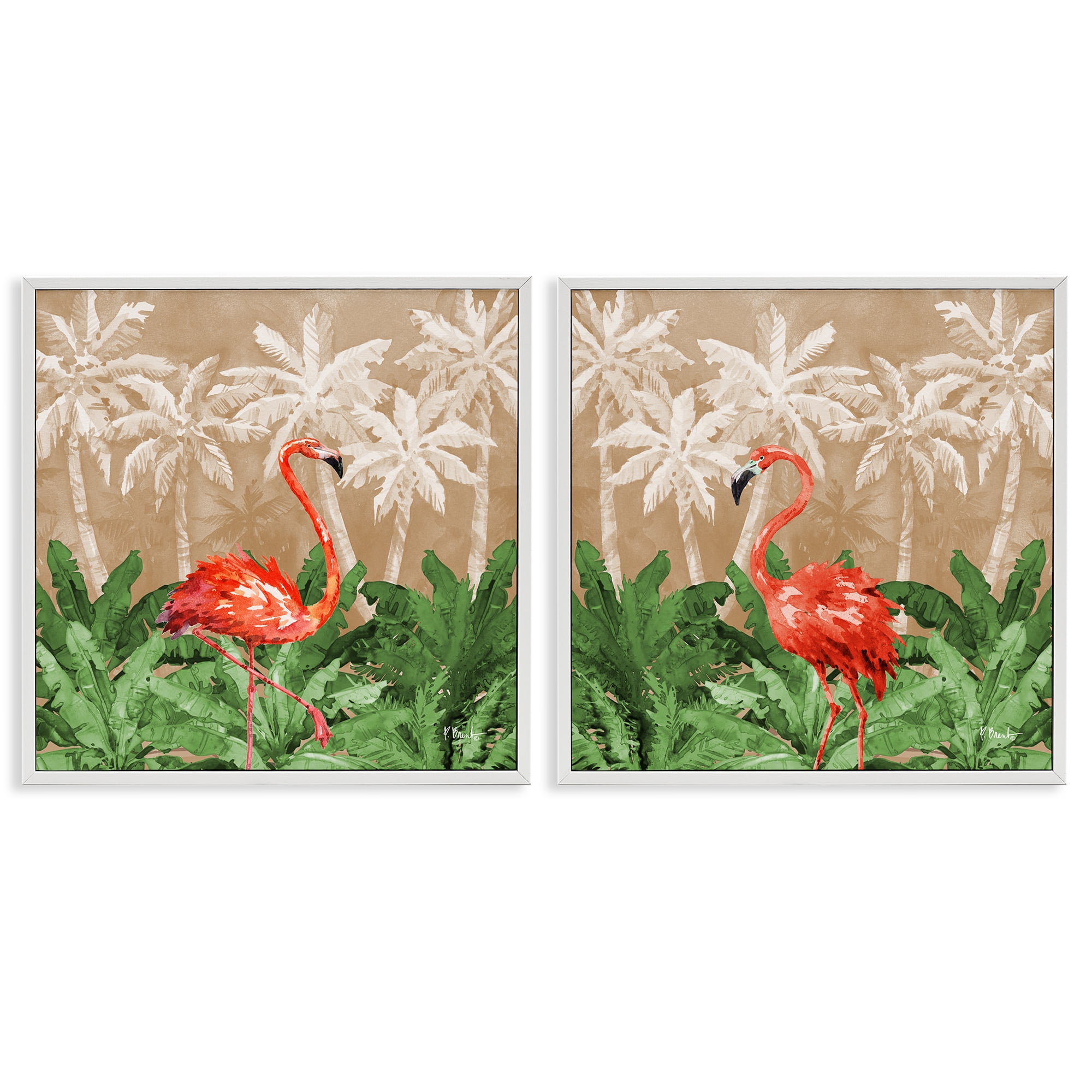Stupell Industries Flamingoes in the Jungle Animals Painting White Framed Art Print Wall Art, 17 x 17, Set of 2