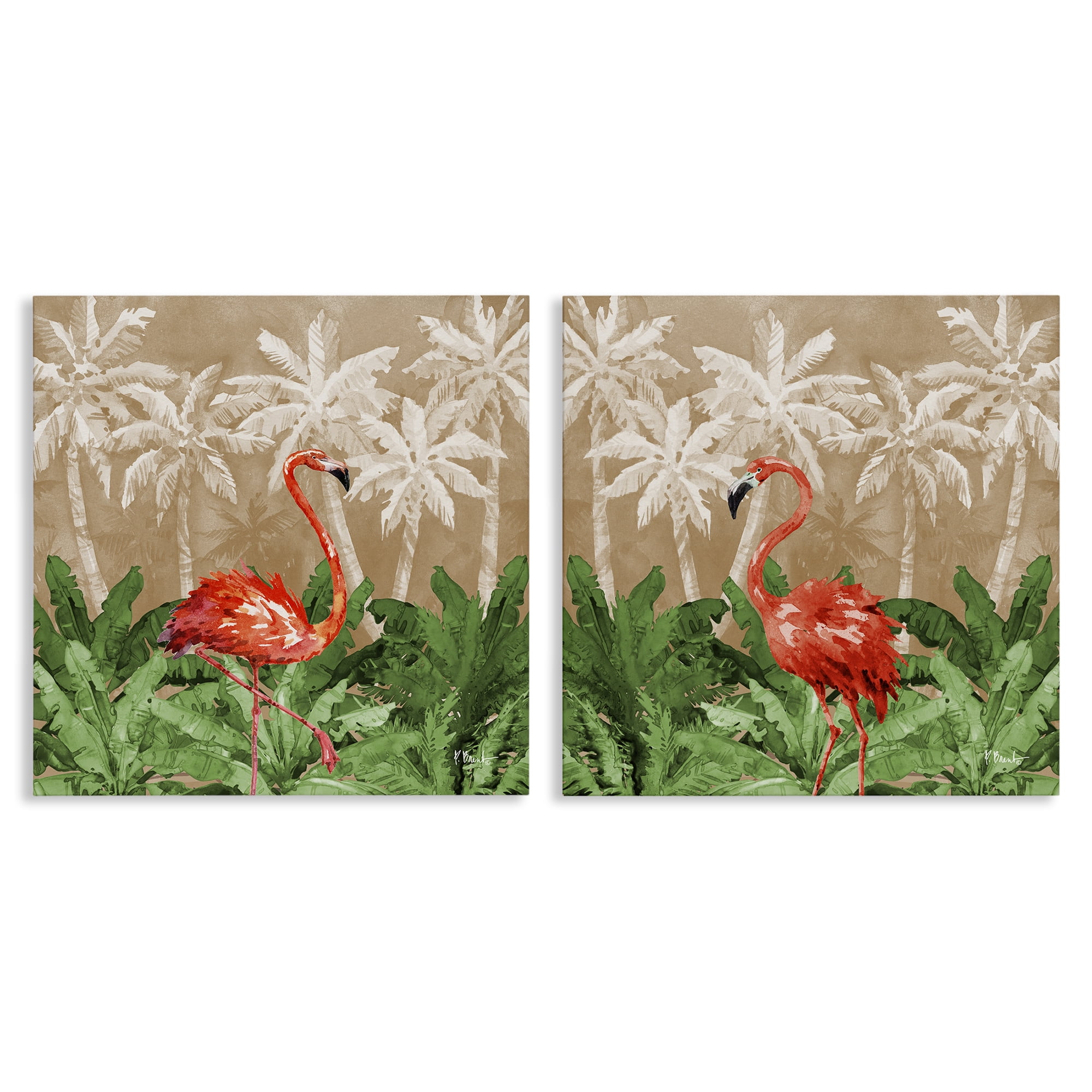Stupell Industries Flamingoes in the Jungle Animals Painting Wrapped Canvas Art Print Wall Art, 24 x 24, Set of 2