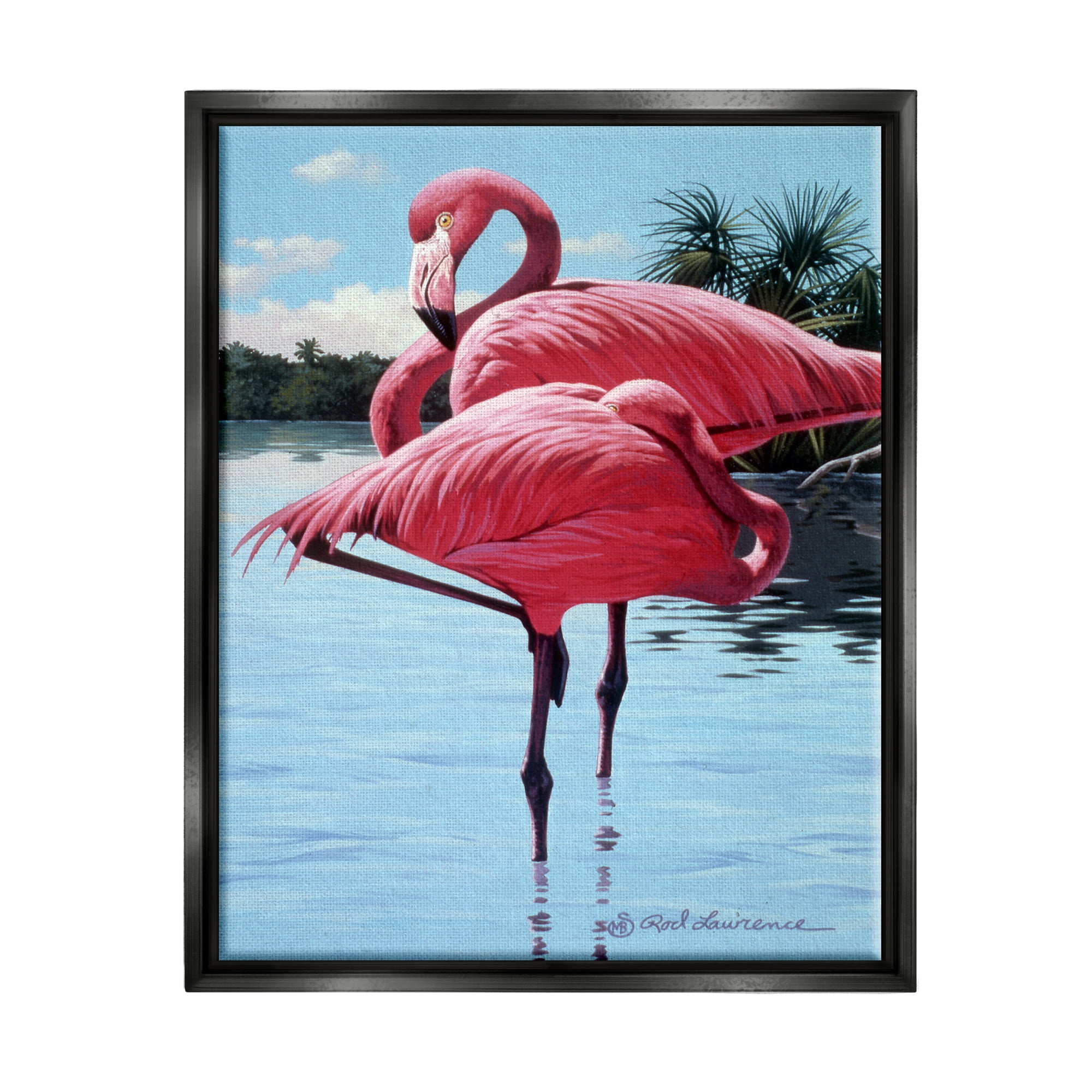 Stupell Industries Flamingos Balancing on Shore Animals & Insects Painting Black Floater Framed Canvas Art Print Wall Art, 17 x 21