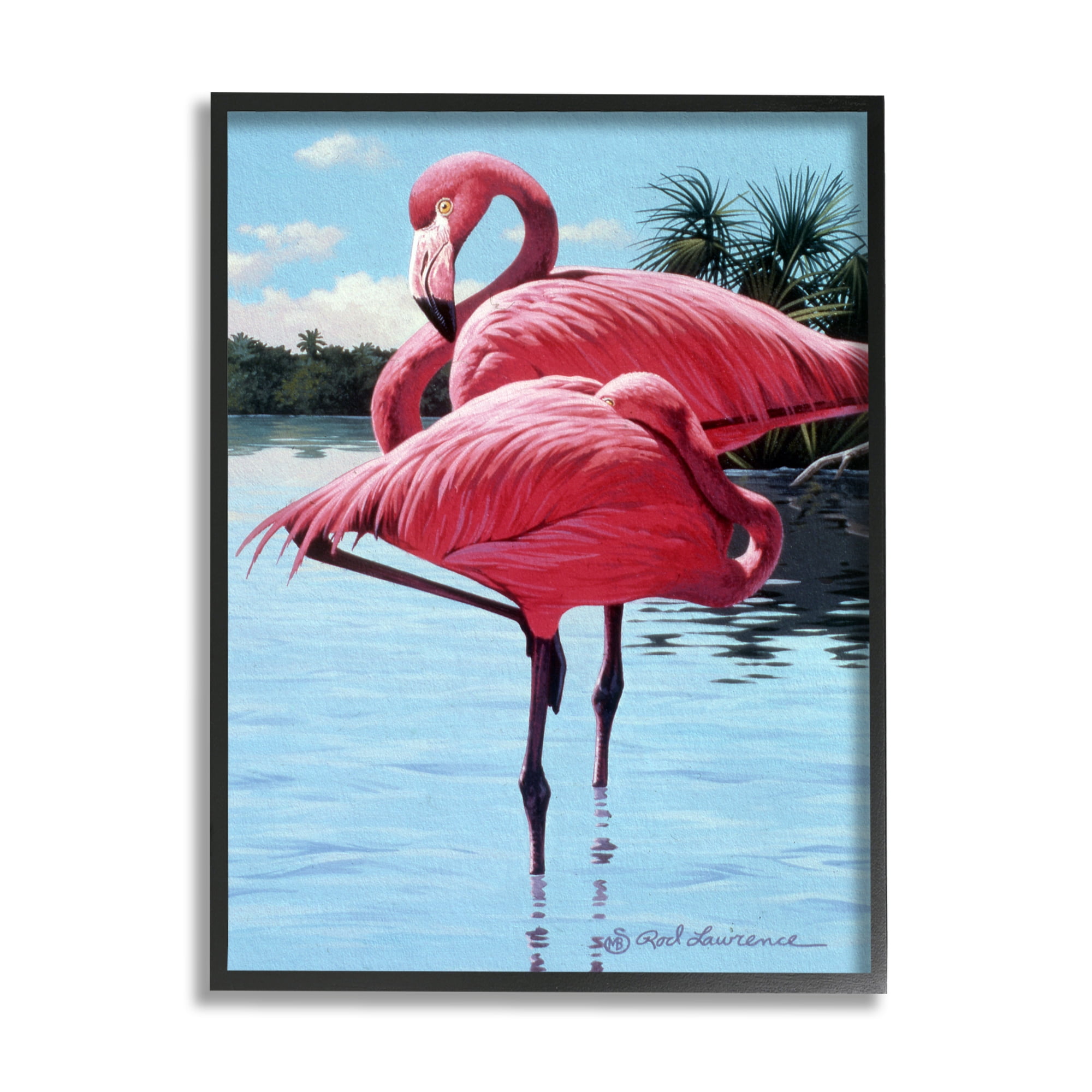 Stupell Industries Flamingos Balancing on Shore Animals & Insects Painting Black Framed Art Print Wall Art, 16 x 20