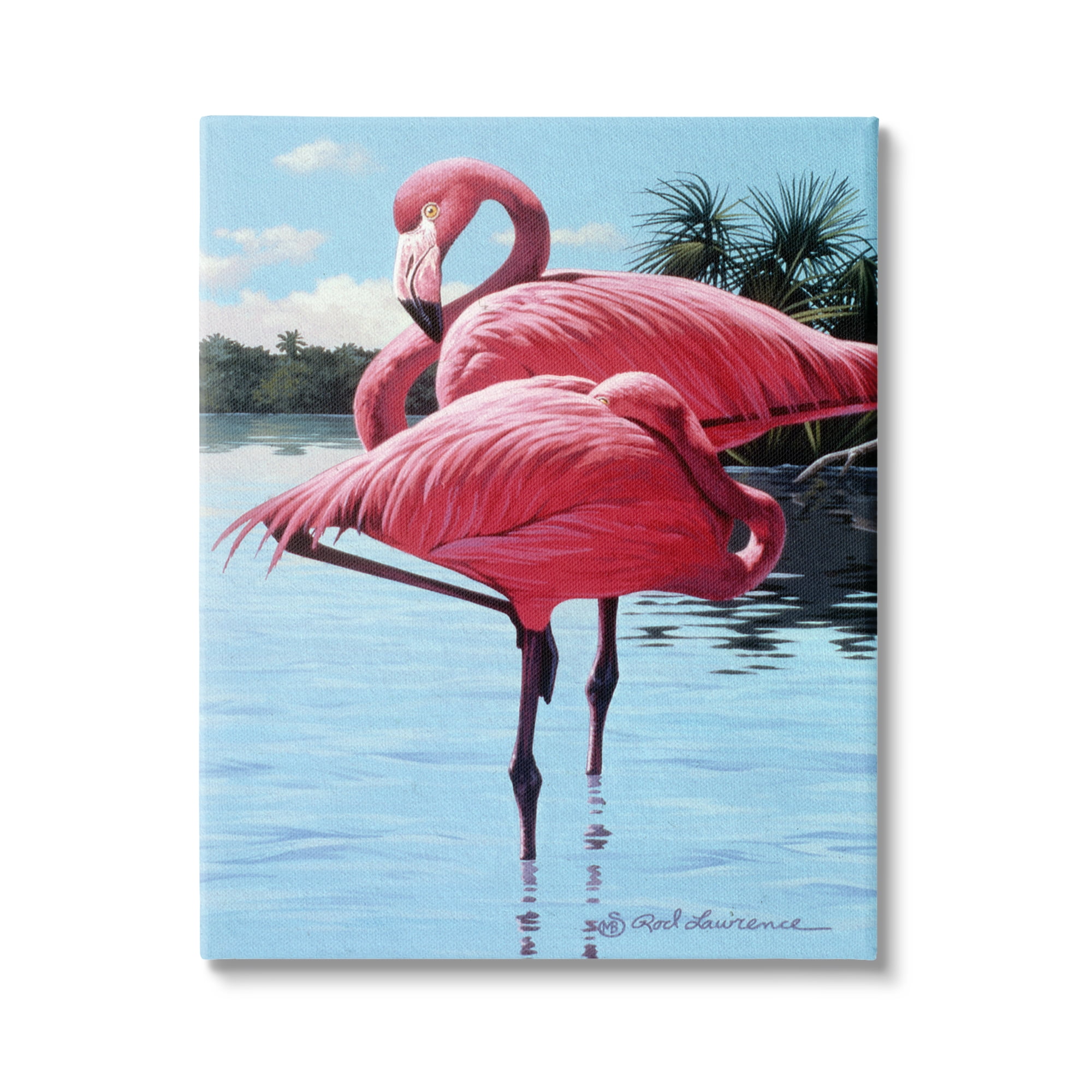 Stupell Industries Flamingos Balancing on Shore Animals & Insects Painting Gallery Wrapped Canvas Art Print Wall Art, 24 x 30