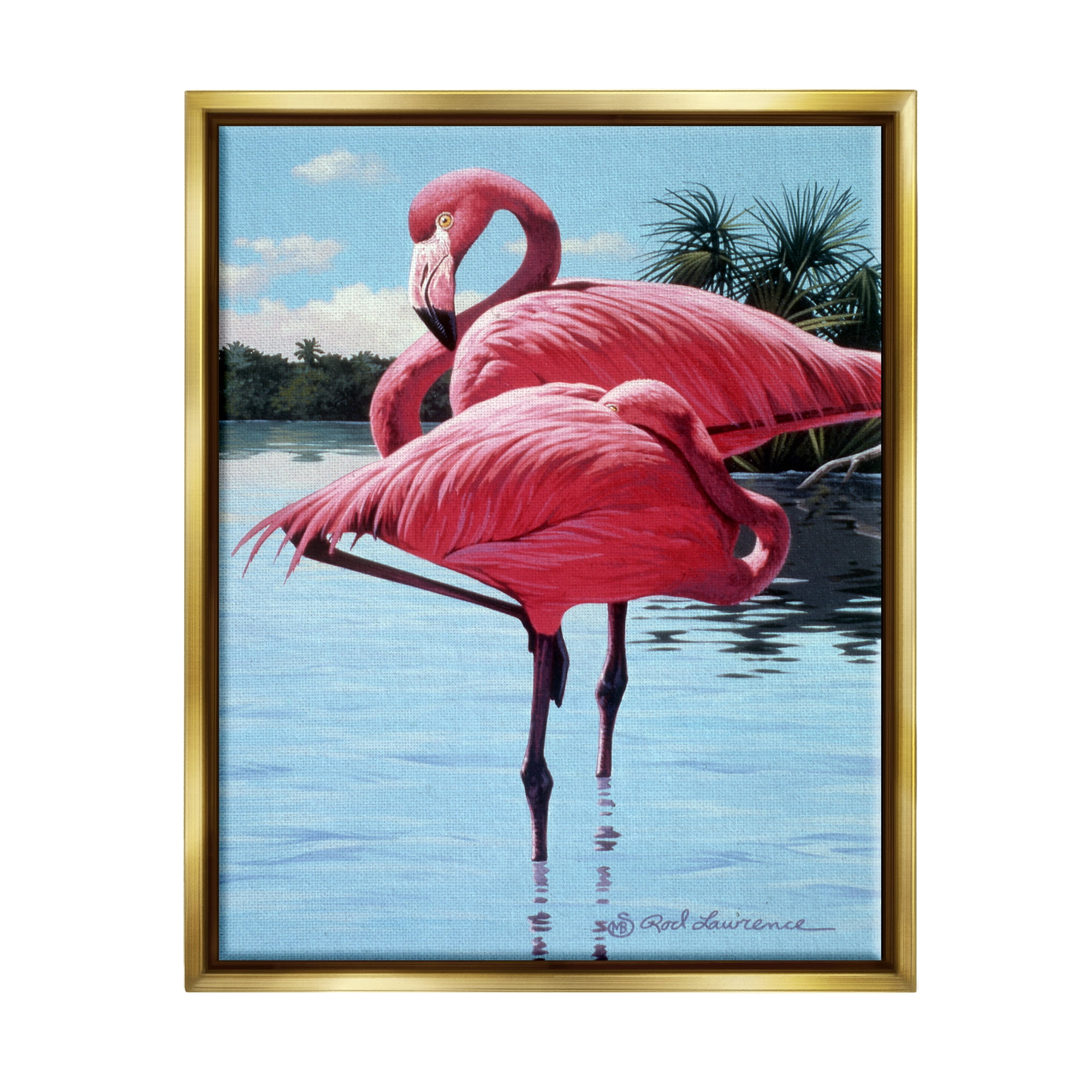 Stupell Industries Flamingos Balancing on Shore Animals & Insects Painting Gold Floater Framed Canvas Art Print Wall Art, 25 x 31