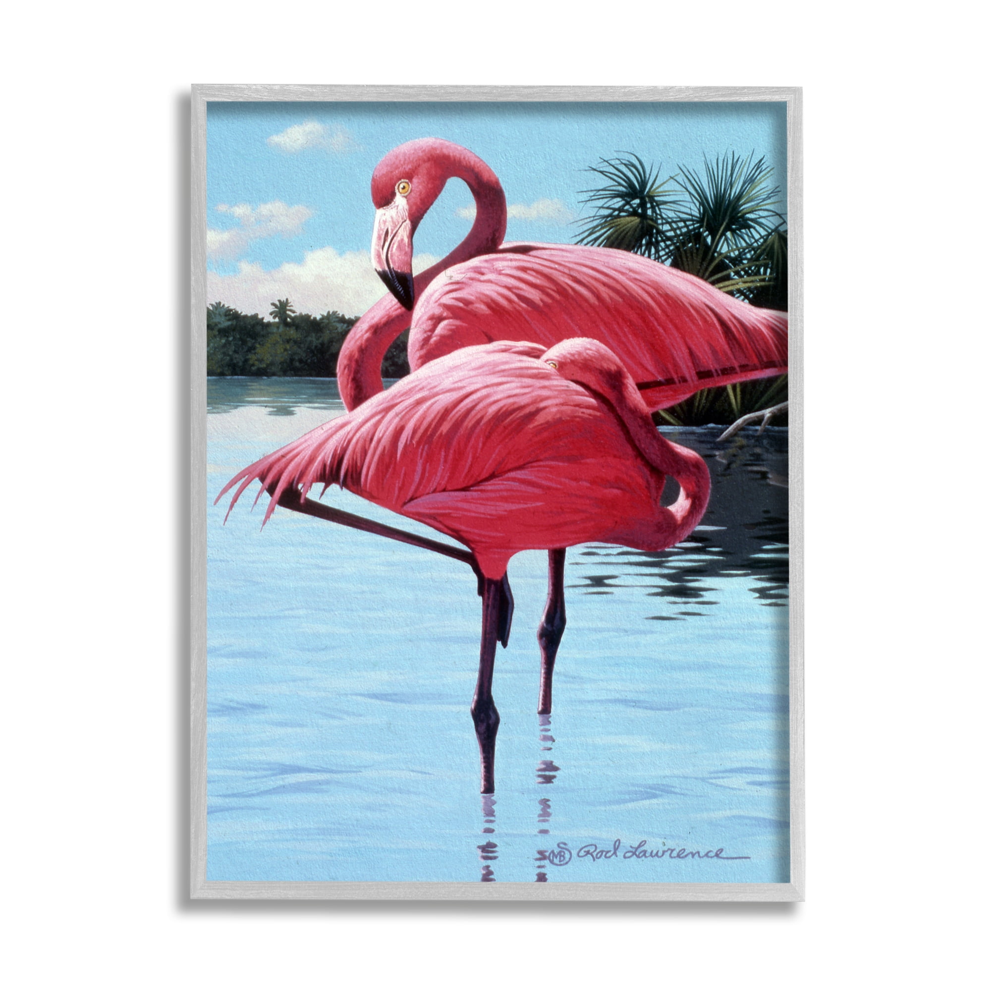 Stupell Industries Flamingos Balancing on Shore Animals & Insects Painting Gray Framed Art Print Wall Art, 16 x 20