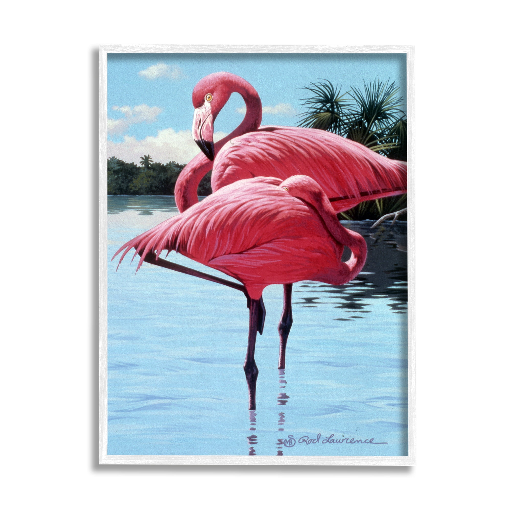 Stupell Industries Flamingos Balancing on Shore Animals & Insects Painting White Framed Art Print Wall Art, 16 x 20