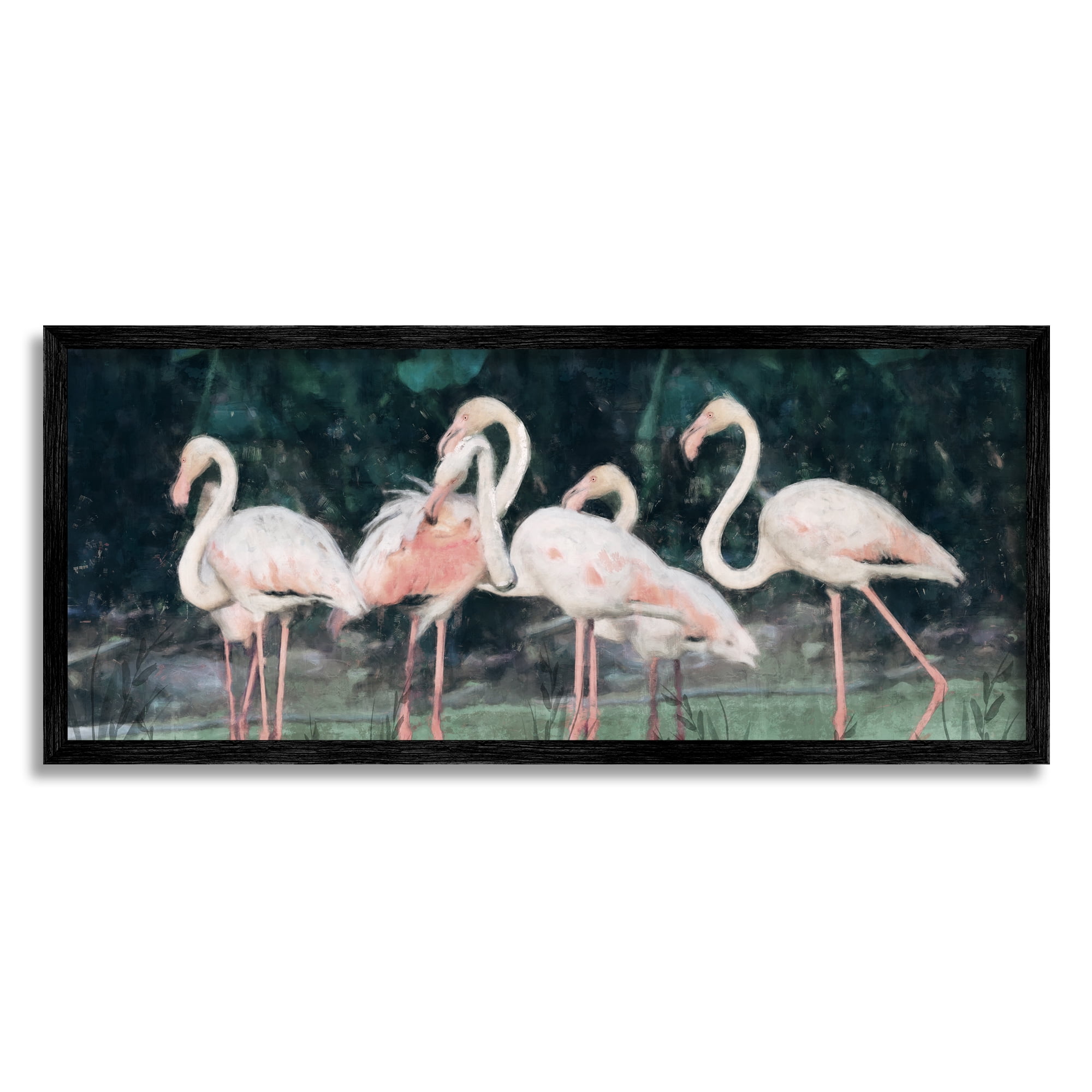 Black Framed Flamingos in Green Nature Canvas Print, 24 x 10