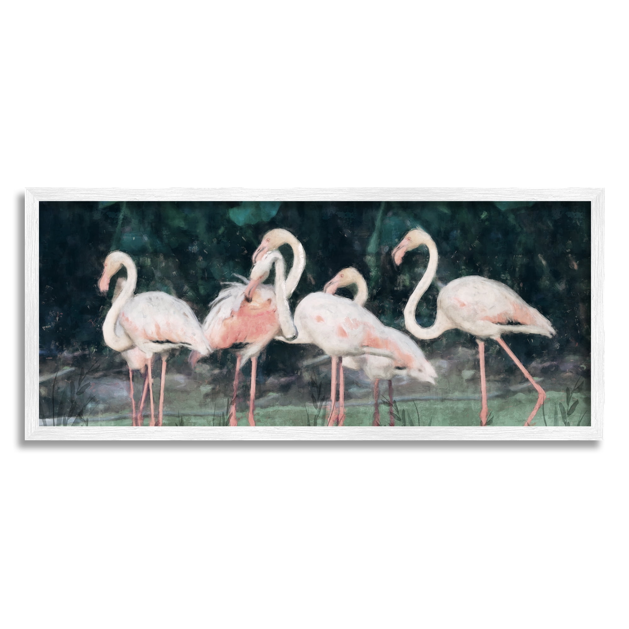 White Framed Flamingos in Green Nature Canvas Print
