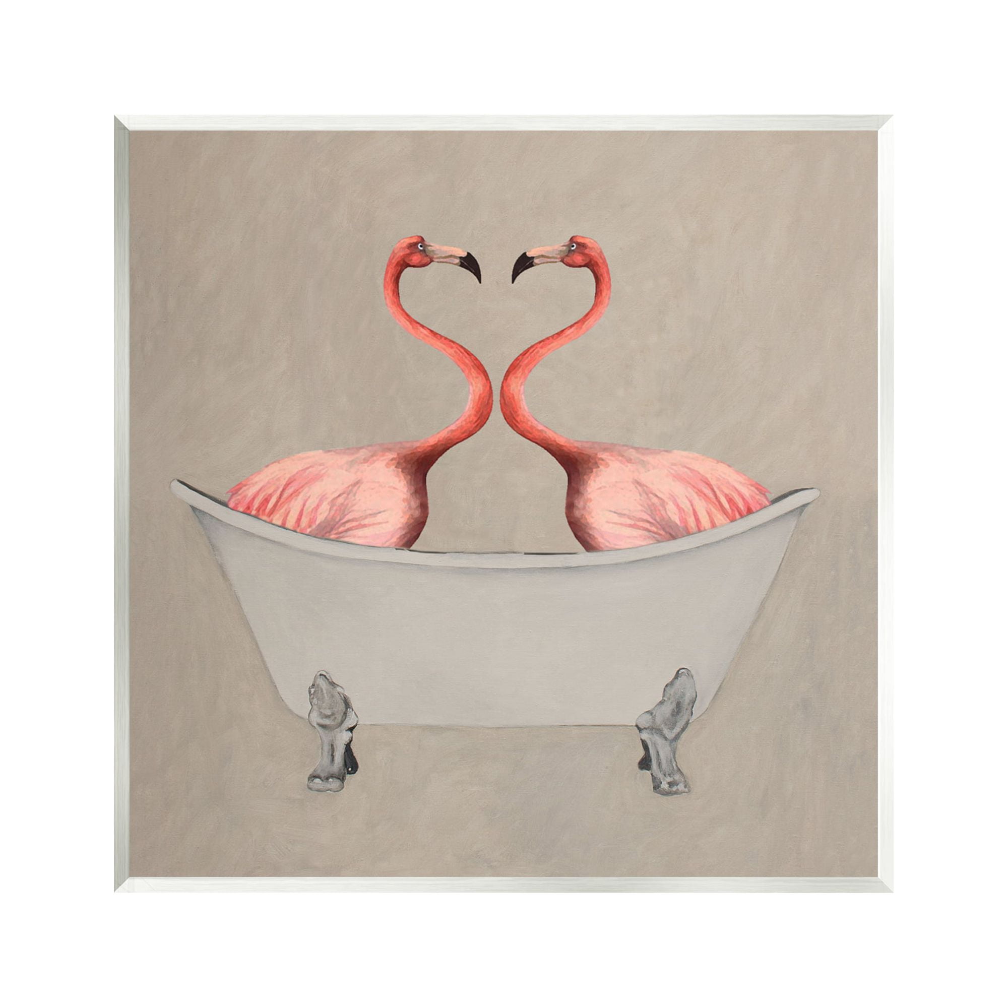 Flamingos in Tub Beige Bathroom Wood Wall Plaque Art
