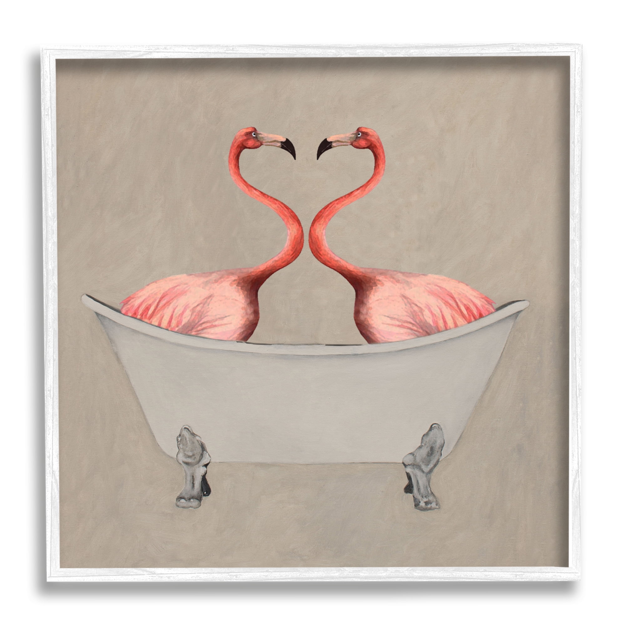 Stupell Industries Flamingos In Tub Beige Bathroom Animals & Insects Painting White Framed Art Print Wall Art