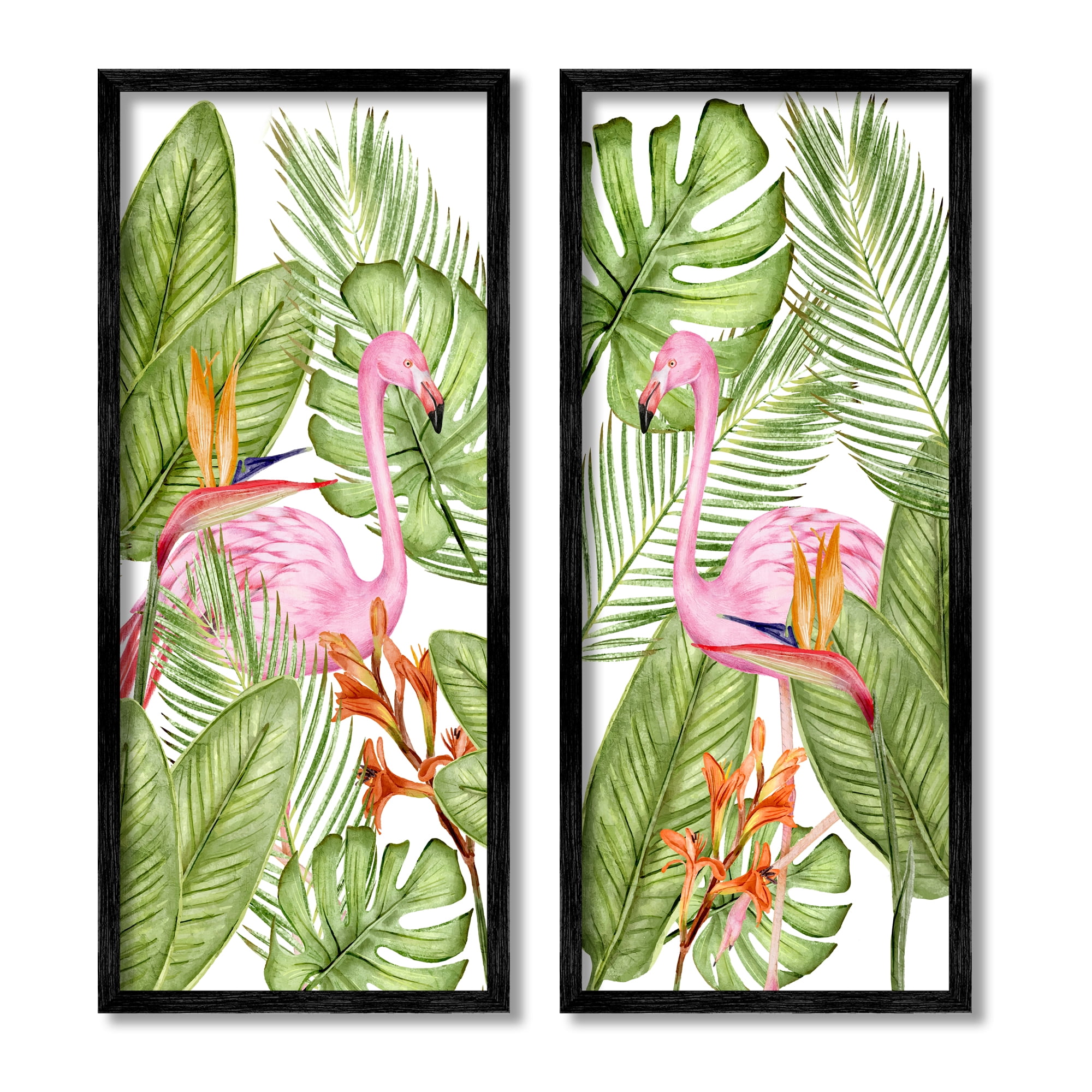 Stupell Industries Flamingos & Topical Plants Botanical & Floral Painting Black Framed Art Print Wall Art, 10 x 24, Set of 2