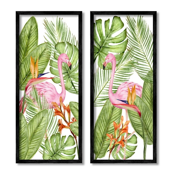 Stupell Industries Flamingos & Topical Plants Botanical & Floral Painting Black Framed Art Print Wall Art, 13 x 30, Set of 2
