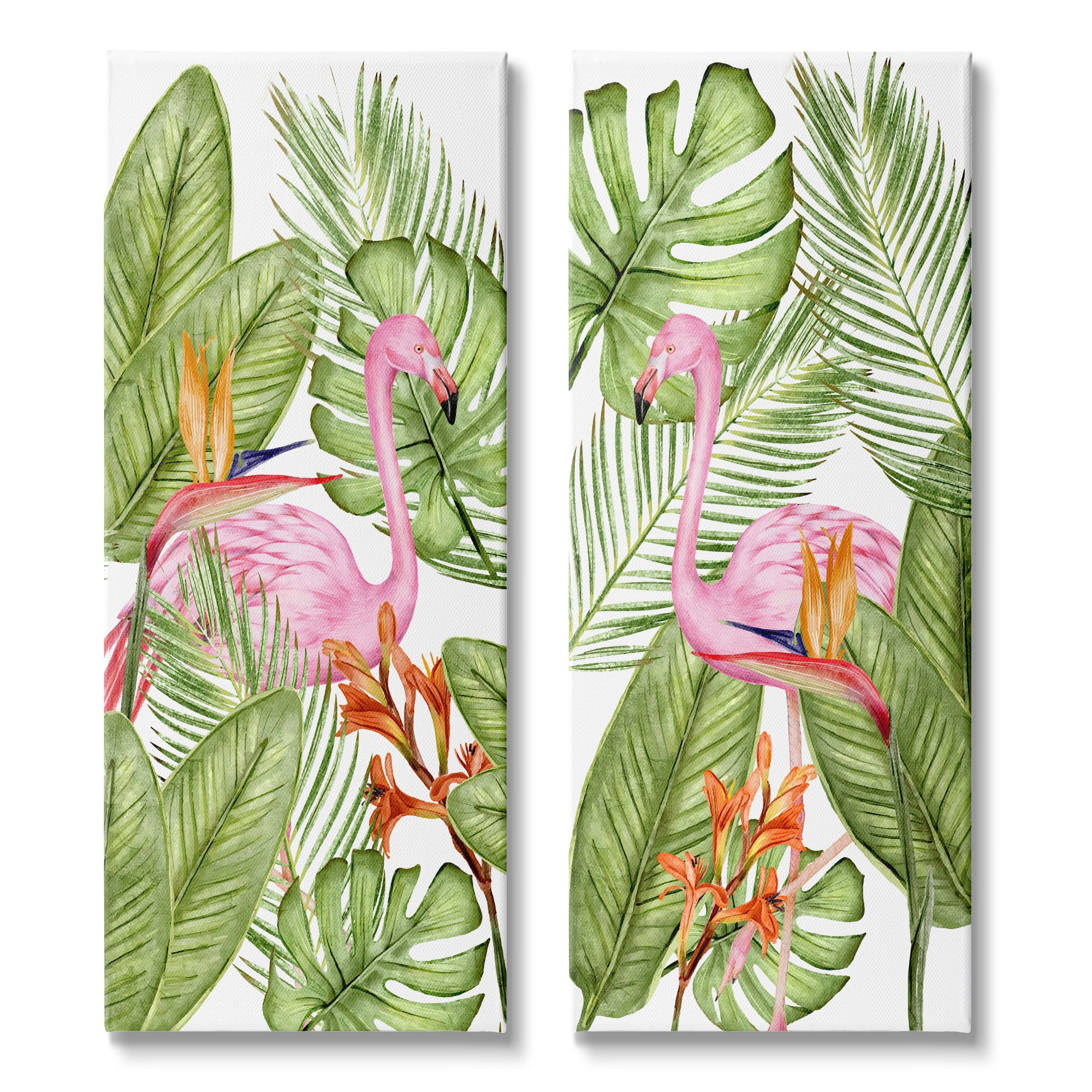 Stupell Industries Flamingos & Topical Plants Botanical & Floral Painting Gallery Wrapped Canvas Print Wall Art, 10 x 24, Set of 2