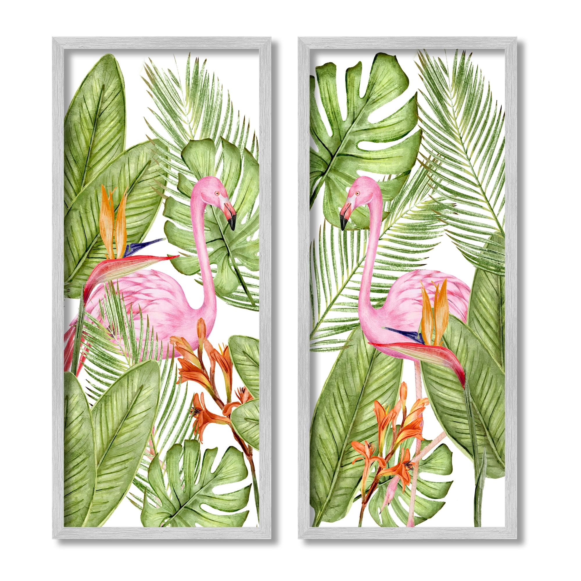 Stupell Industries Flamingos & Topical Plants Botanical & Floral Painting Gray Framed Art Print Wall Art, 13 x 30, Set of 2