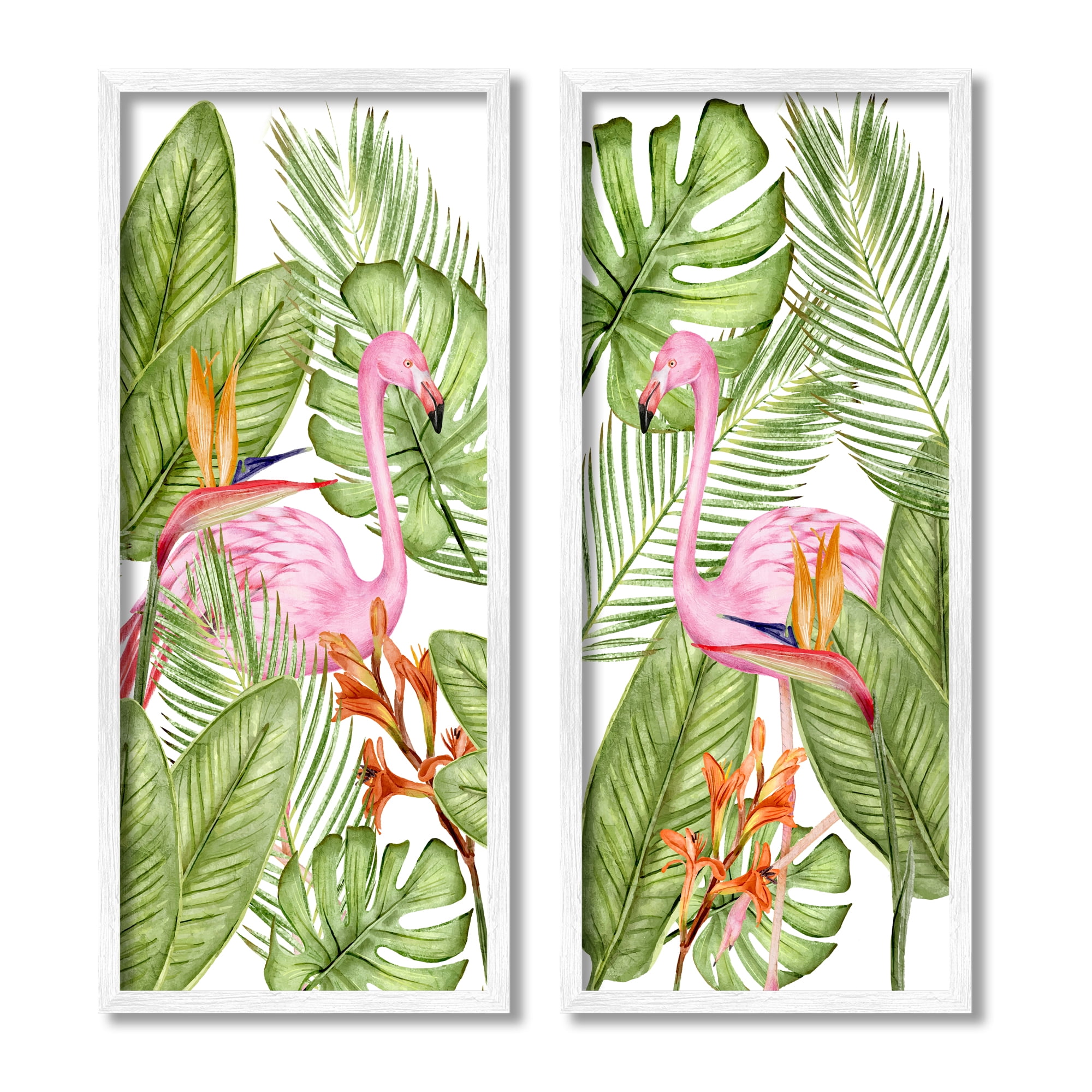 Stupell Industries Flamingos & Topical Plants Botanical & Floral Painting White Framed Art Print Wall Art, 13 x 30, Set of 2