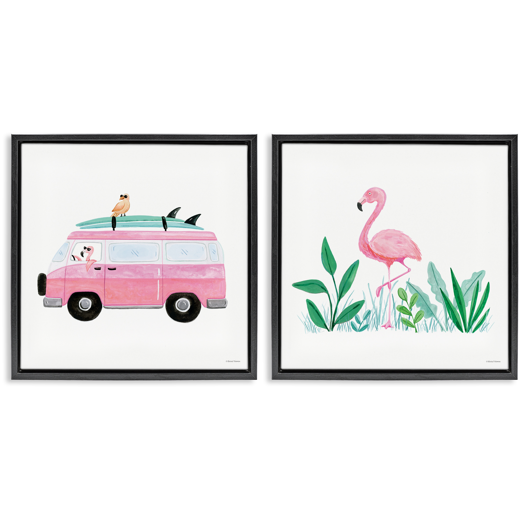 Stupell Industries Flamingos Tropical Vacation Transportation Painting Black Floater Framed Canvas Art Print Wall Art, 25 x 25, Set of 2