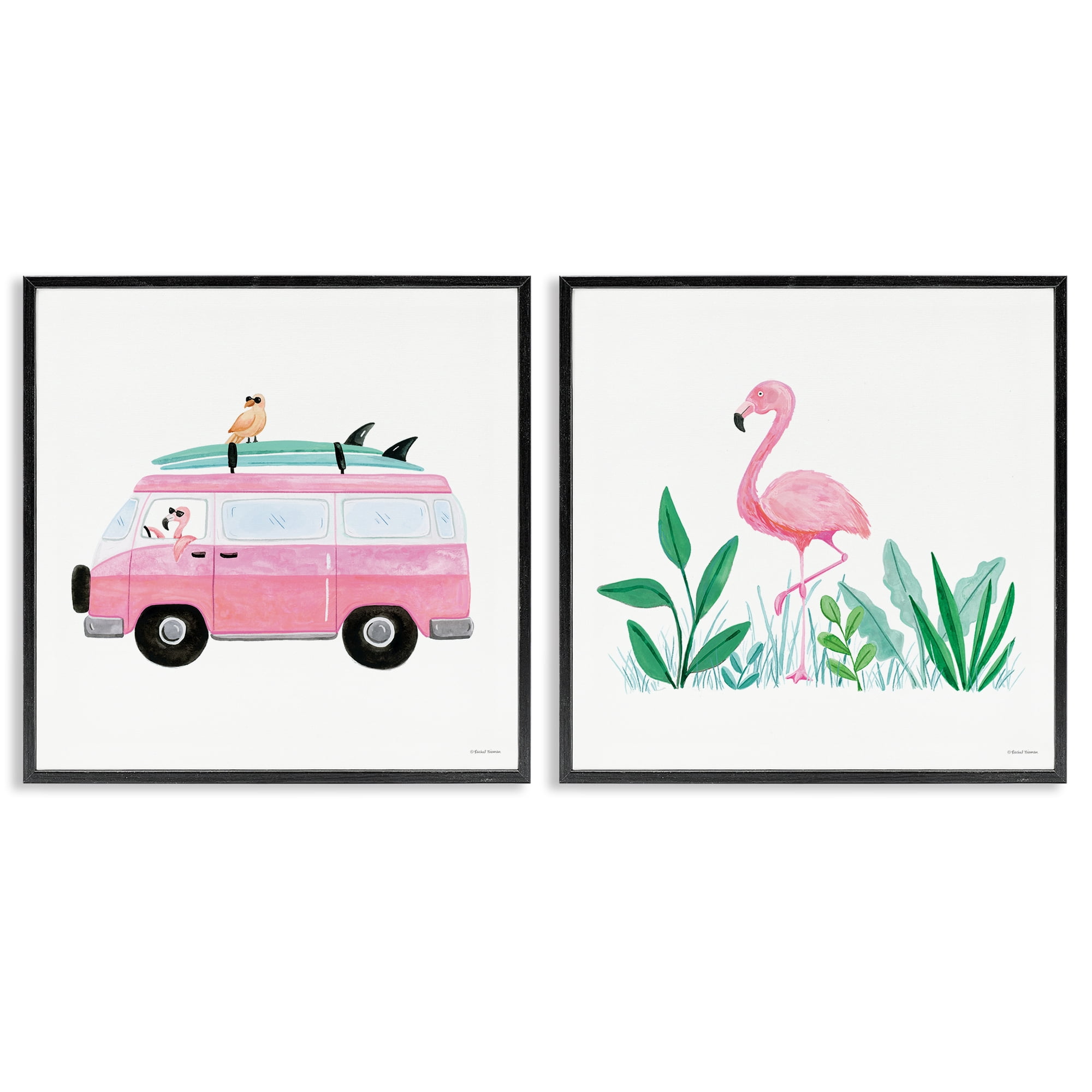 Stupell Industries Flamingos Tropical Vacation Transportation Painting Black Framed Art Print Wall Art, 24 x 24, Set of 2