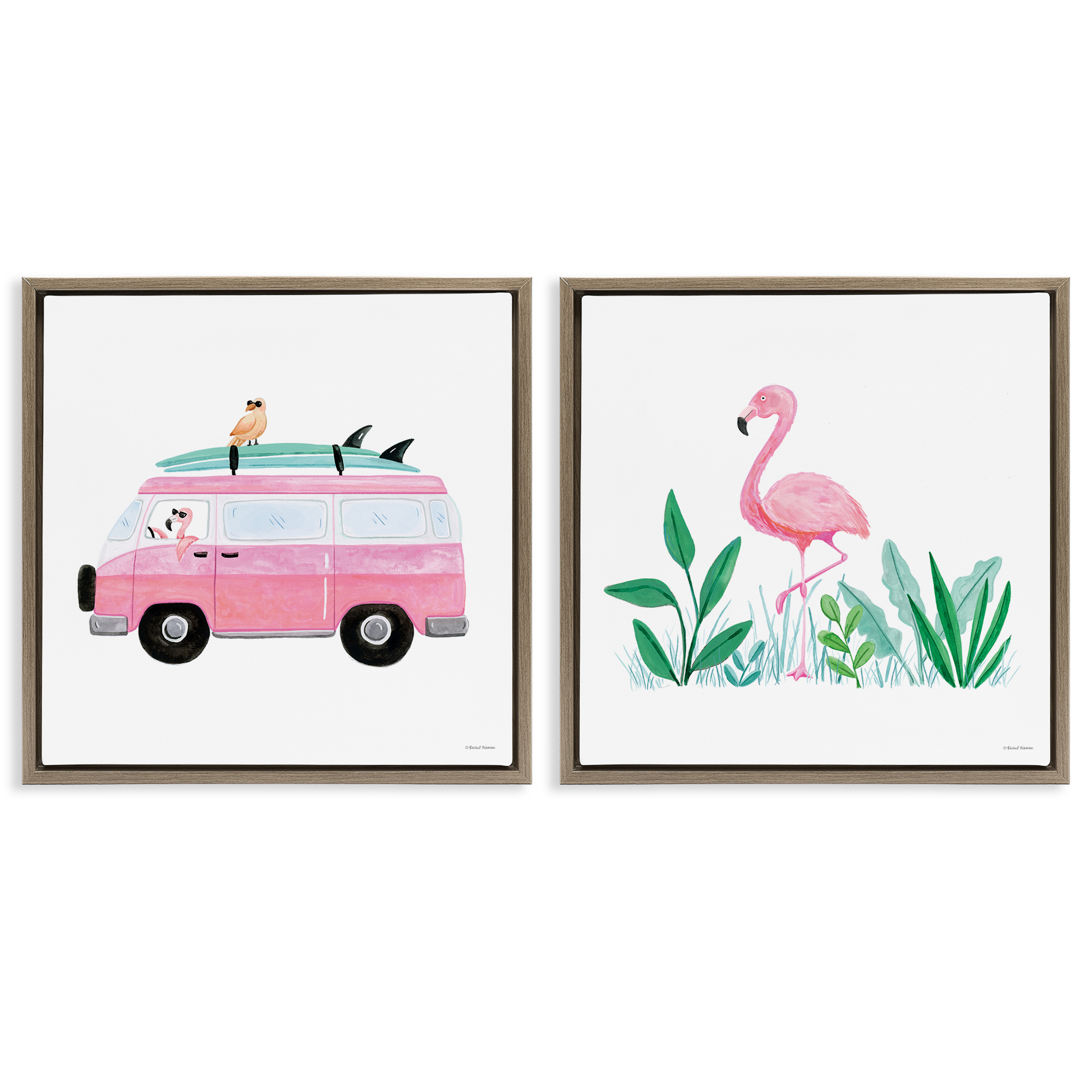 Stupell Industries Flamingos Tropical Vacation Transportation Painting Brown Floater Framed Canvas Art Print Wall Art, 18 x 18, Set of 2