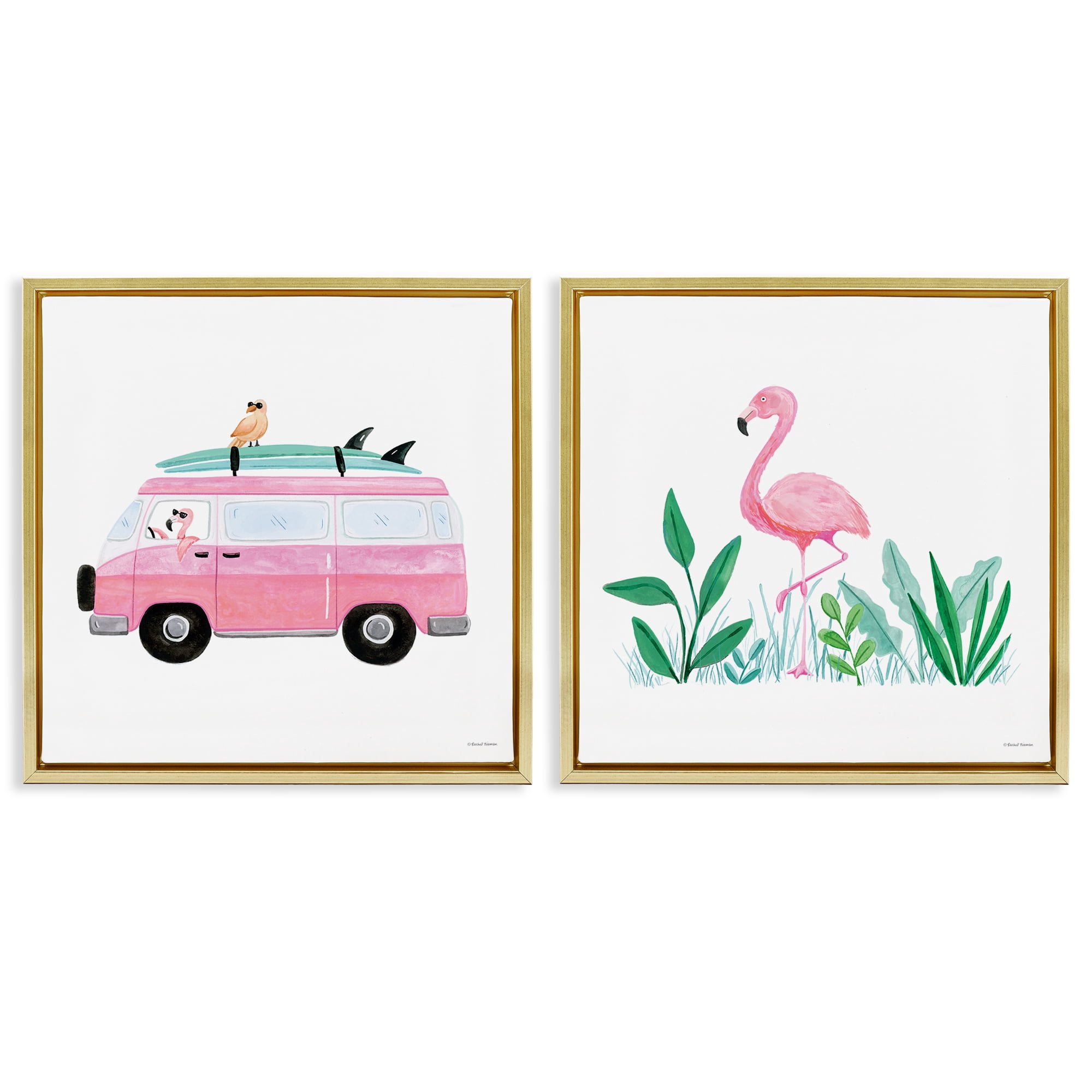 Stupell Industries Flamingos Tropical Vacation Transportation Painting Gold Floater Framed Canvas Art Print Wall Art, 18 x 18, Set of 2