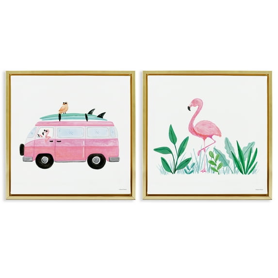 Stupell Industries Flamingos Tropical Vacation Transportation Painting Gold Floater Framed Canvas Art Print Wall Art, 25 x 25, Set of 2