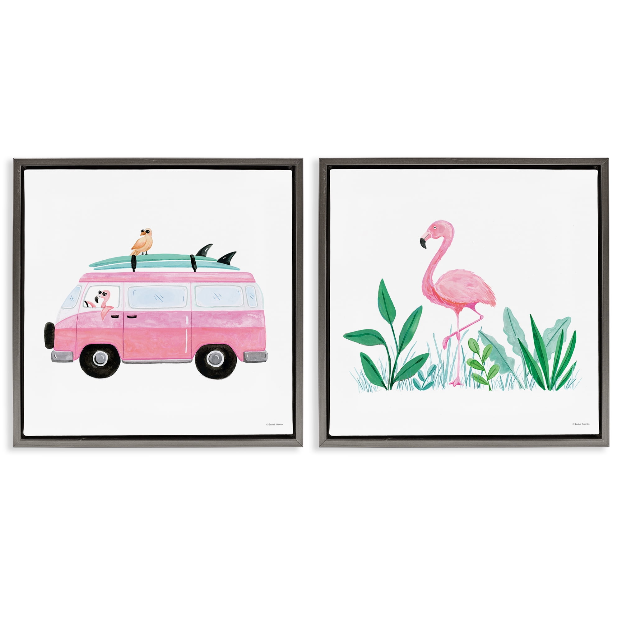 Stupell Industries Flamingos Tropical Vacation Transportation Painting Gray Floater Framed Canvas Art Print Wall Art, 18 x 18, Set of 2