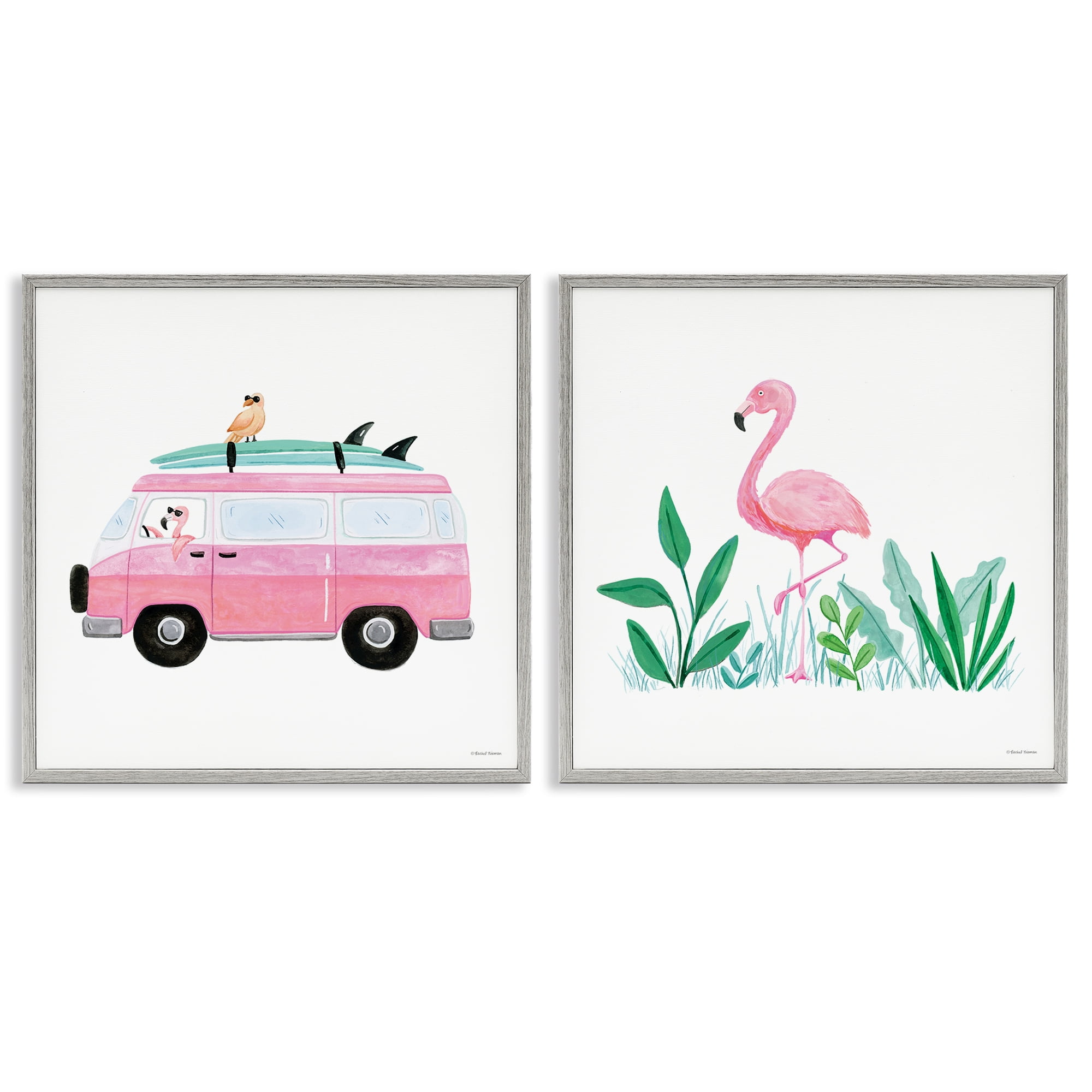Stupell Industries Flamingos Tropical Vacation Transportation Painting Gray Framed Art Print Wall Art, 17 x 17, Set of 2