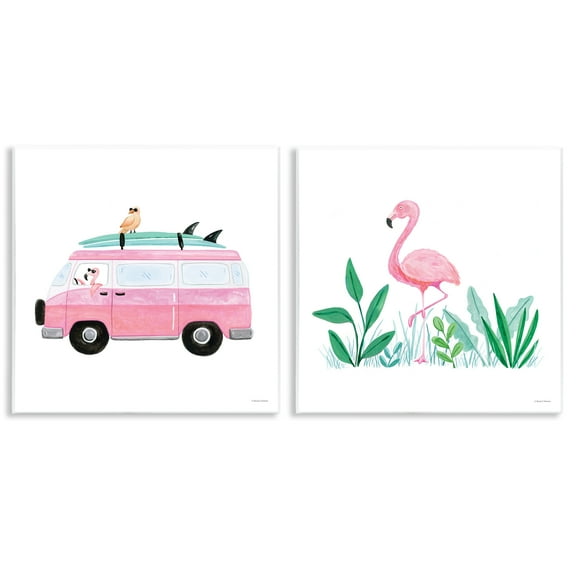 Stupell Industries Flamingos Tropical Vacation Transportation Painting Unframed Art Print Wall Art, 12 x 12, Set of 2