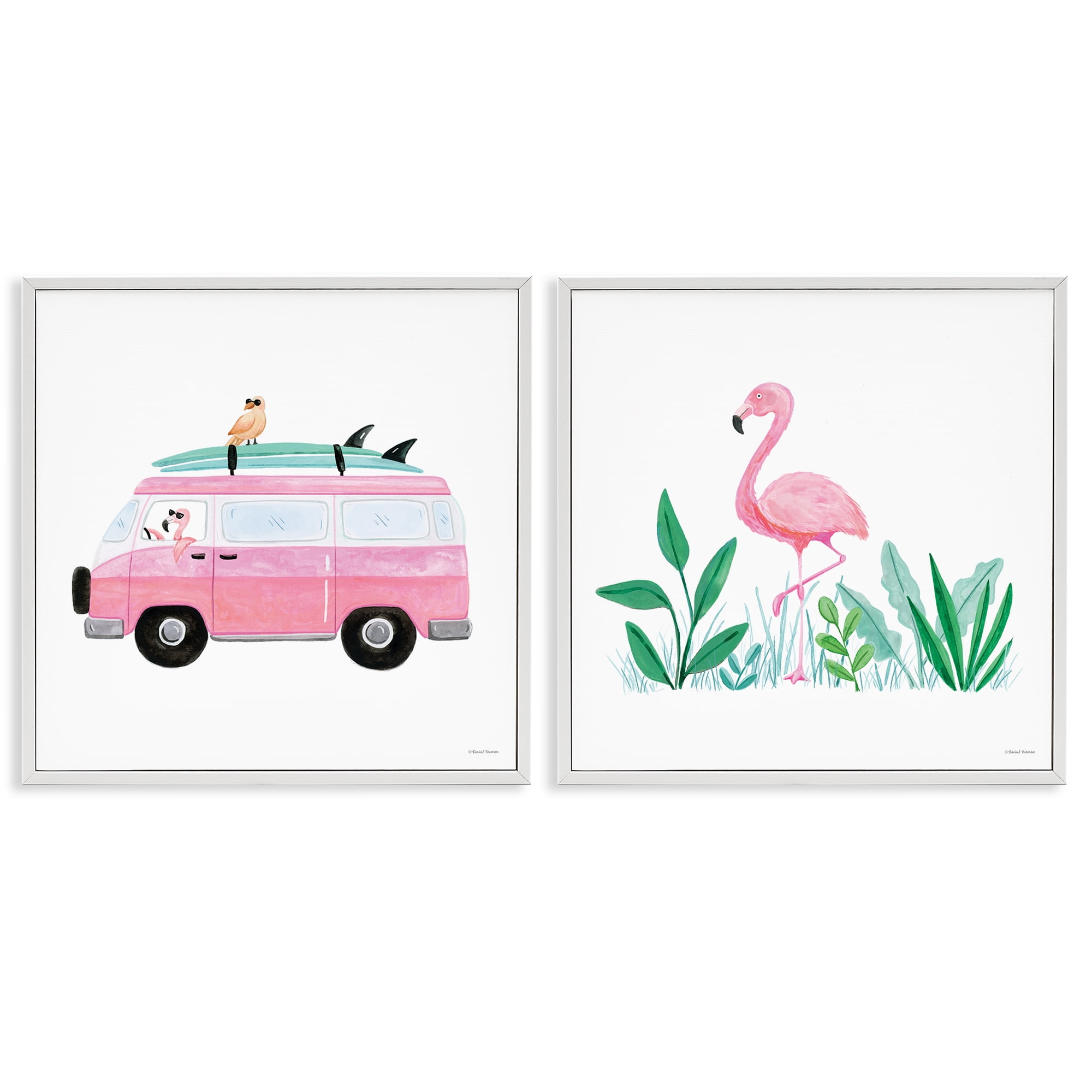 Stupell Industries Flamingos Tropical Vacation Transportation Painting White Framed Art Print Wall Art, 12 x 12, Set of 2