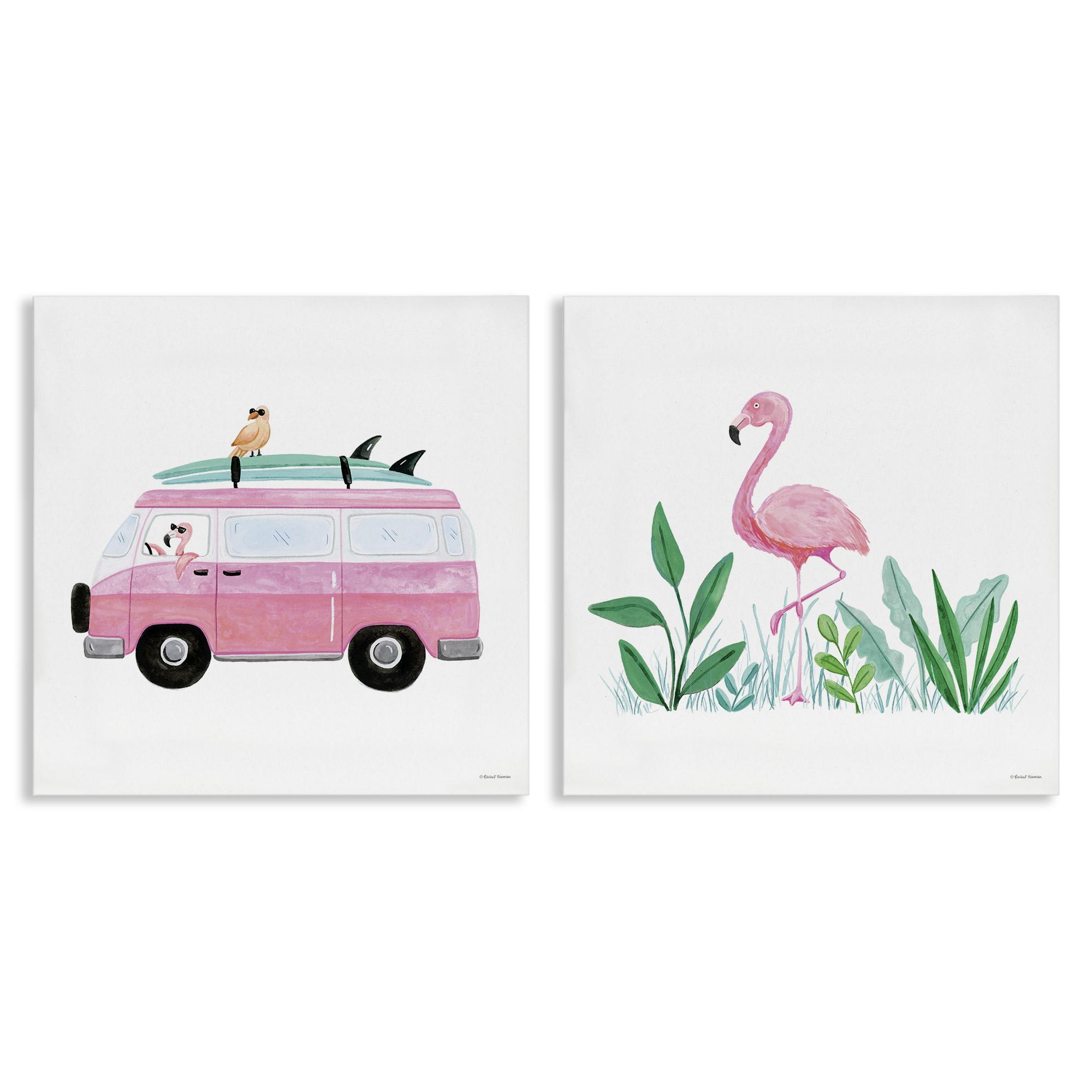 Stupell Industries Flamingos Tropical Vacation Transportation Painting Wrapped Canvas Art Print Wall Art, 24 x 24, Set of 2