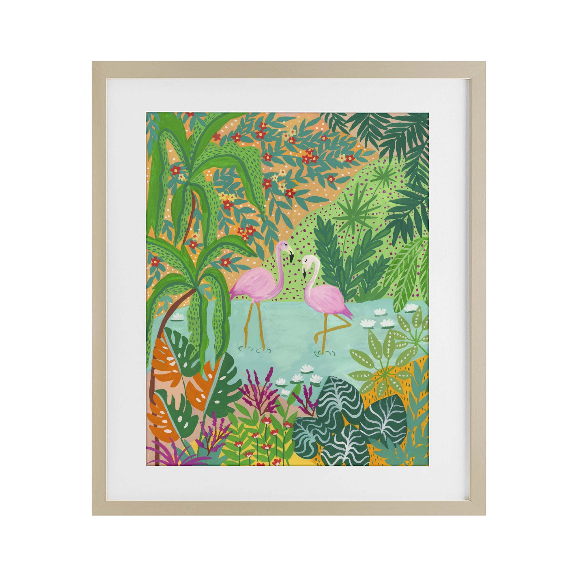 Stupell Industries Flamingos in Dotted Pond Birch Framed Print Under Glass, design by Nabeela Rumi