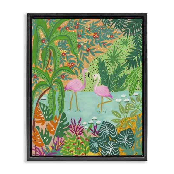 Stupell Industries Eclectic Flamingos in Dotted Pond Black Floating Frame Canvas Art, 17 x 21, by Nabeela Rumi