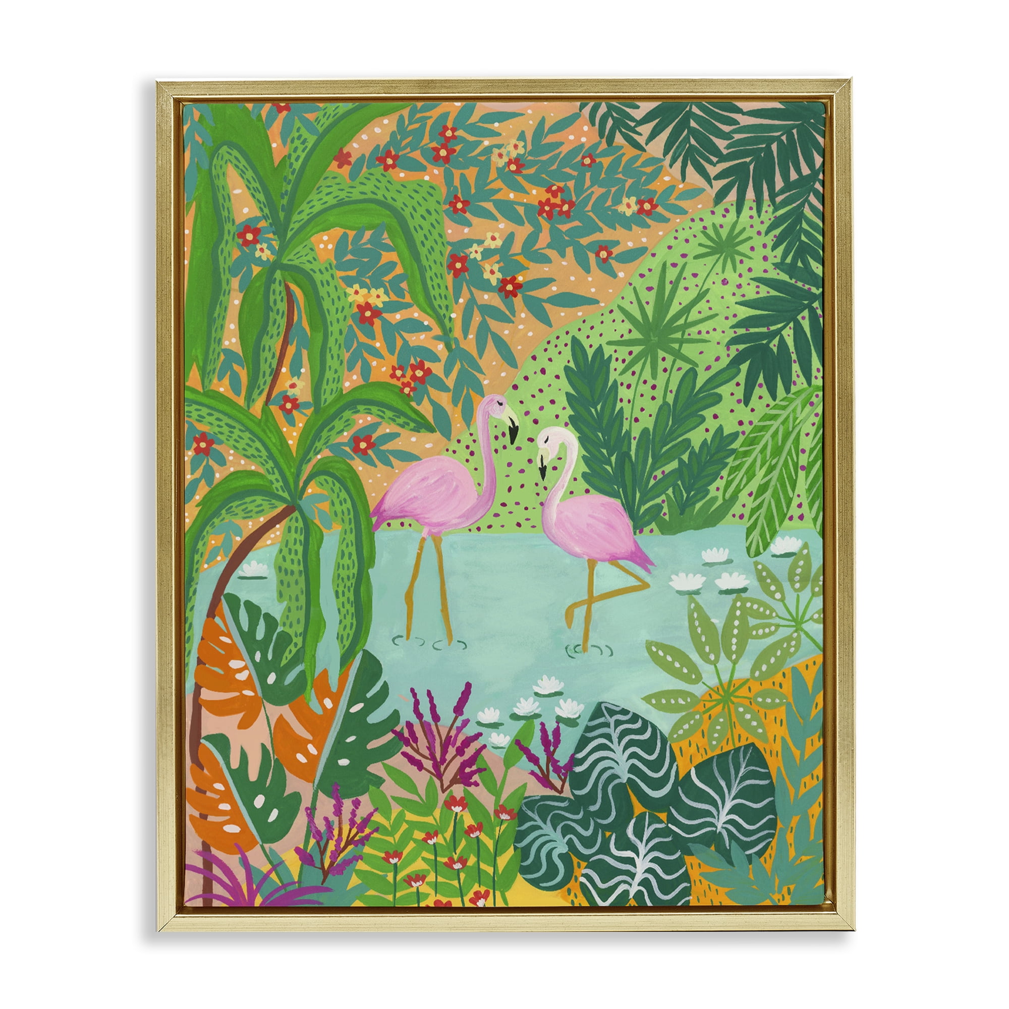 Stupell Industries Flamingos in Dotted Pond Gold Framed Floater Canvas Wall Art, design by Nabeela Rumi