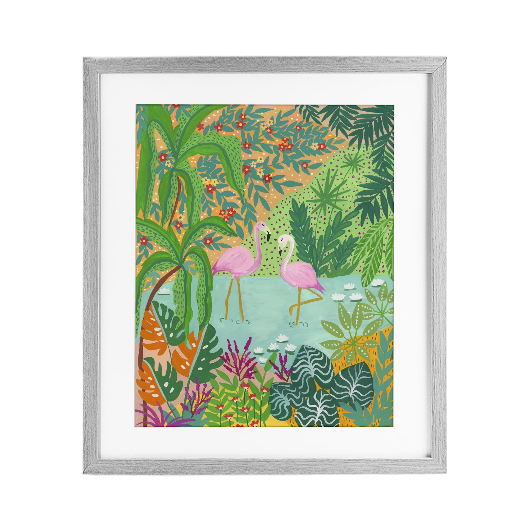Stupell Industries Flamingos in Dotted Pond Gray Framed Print Under Glass, design by Nabeela Rumi