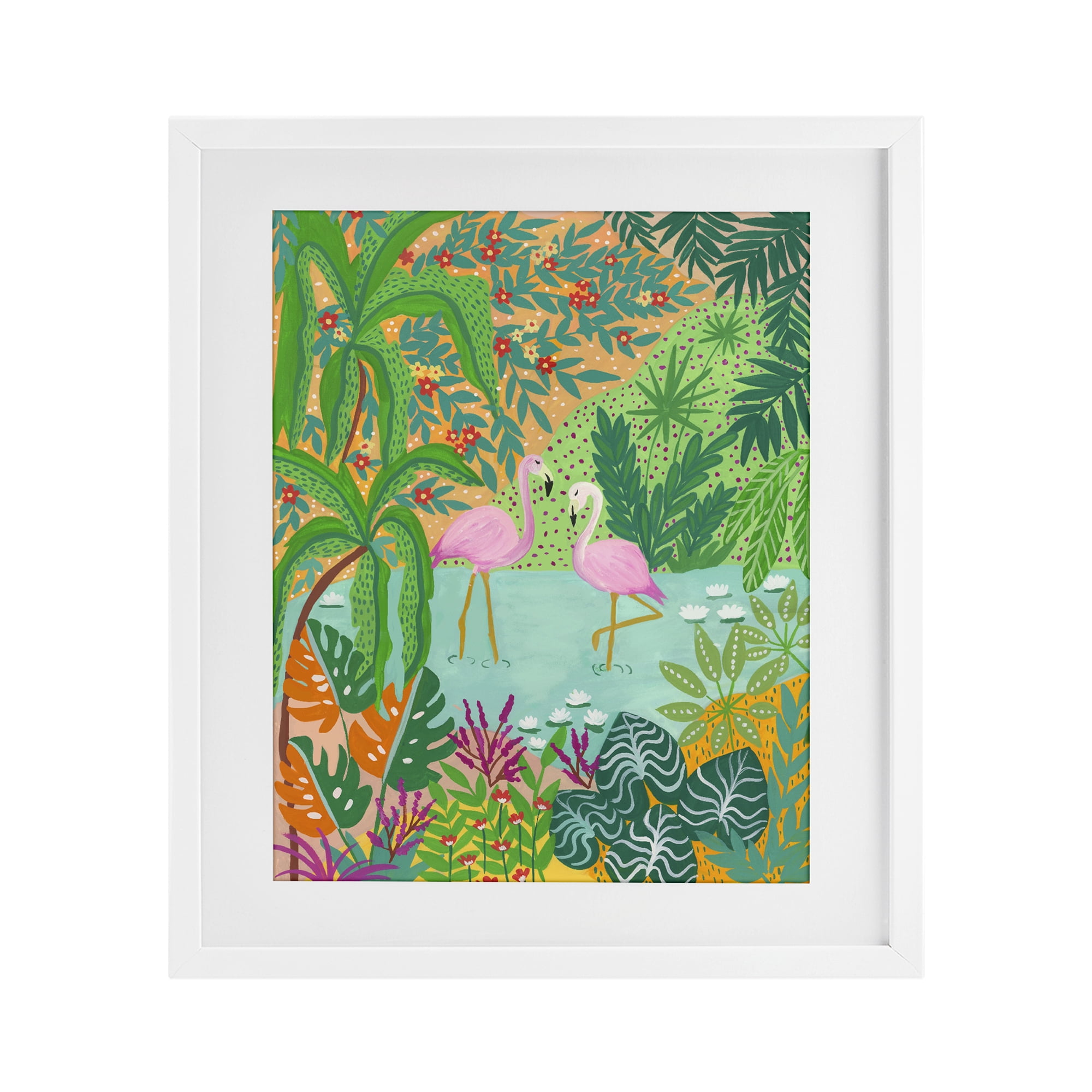 Stupell Industries Flamingos in Dotted Pond White Framed Print Under Glass, design by Nabeela Rumi