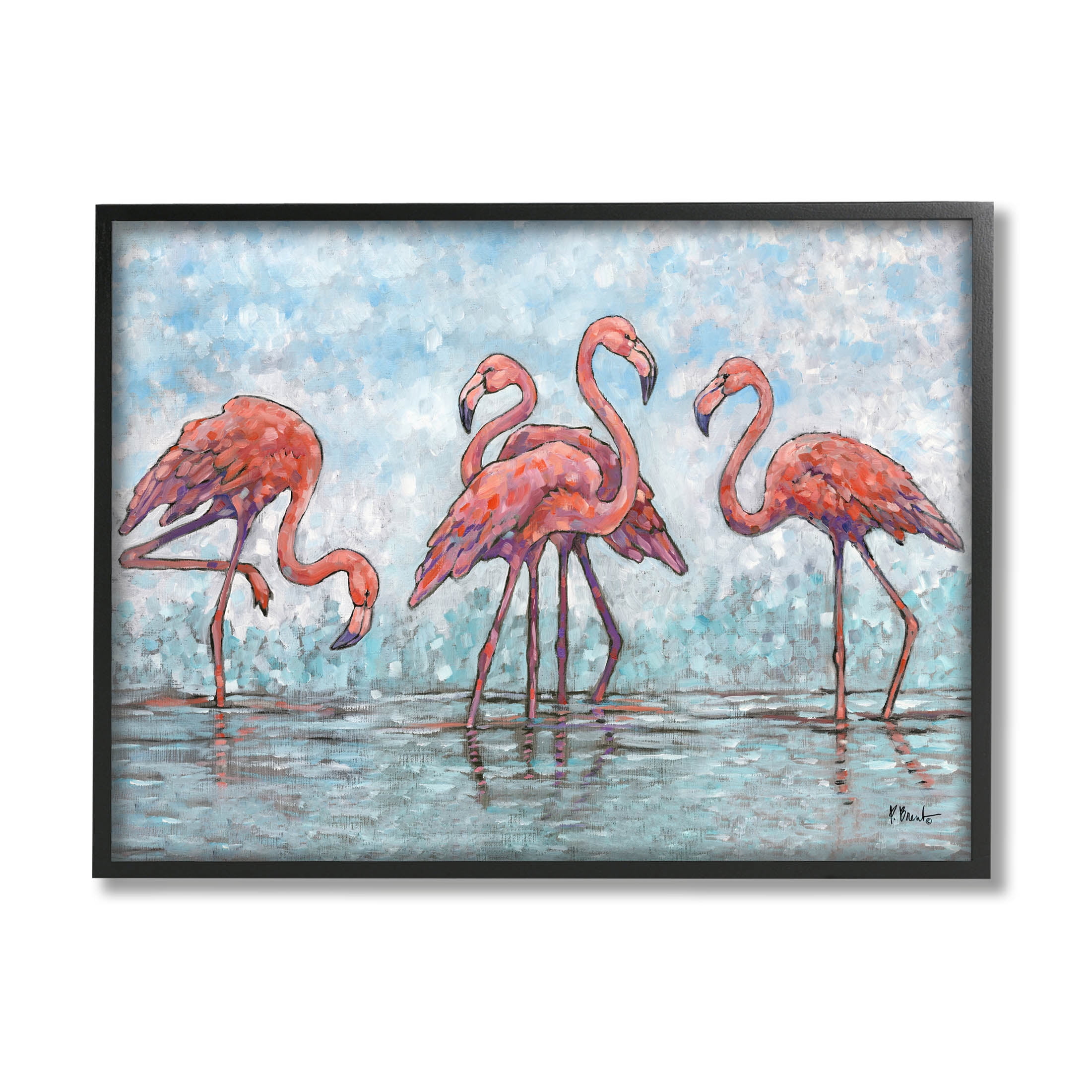 Stupell Industries Flamingos in Lagoon Impressionist Style Painting Black Framed Art Print Wall Art, Design by Paul Brent