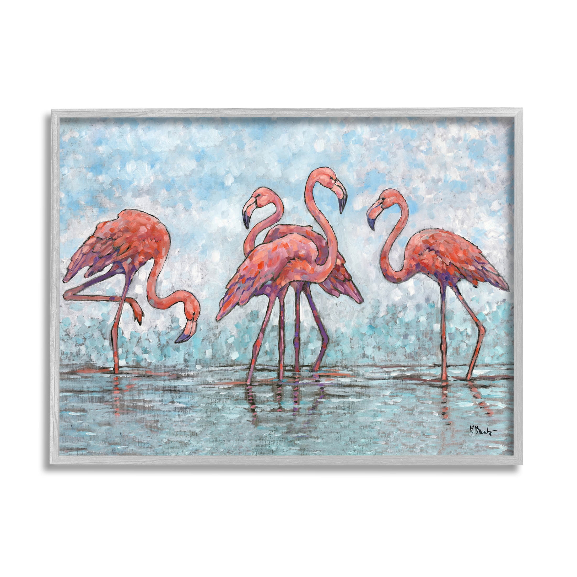Stupell Industries Flamingos in Lagoon Impressionist Style Painting Gray Framed Art Print Wall Art, Design by Paul Brent