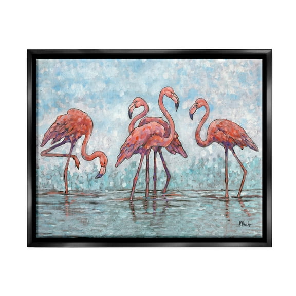 Stupell Industries Flamingos in Lagoon Impressionist Style Painting Jet Black Floating Framed Canvas Print Wall Art, Design by Paul Brent