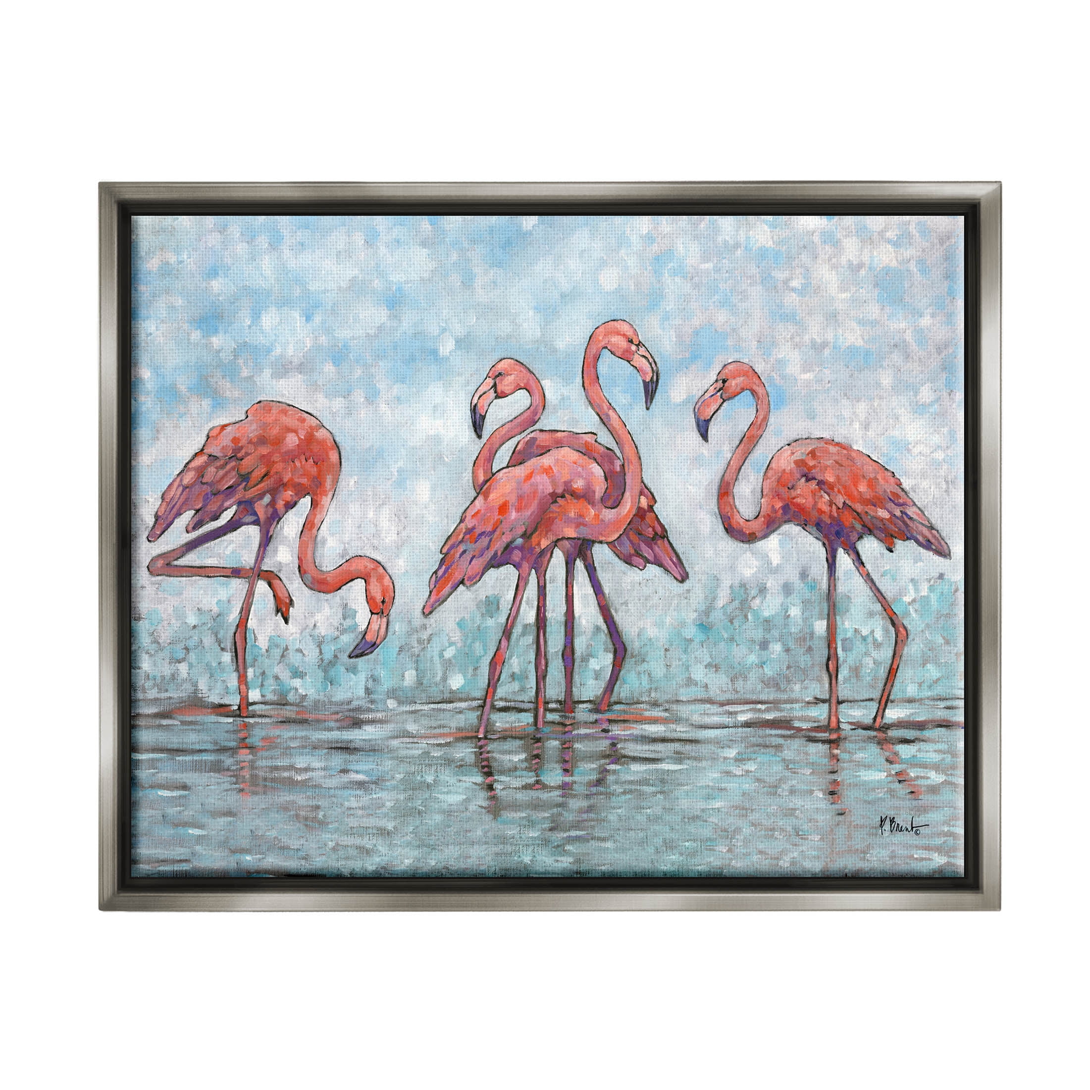 Flamingos in Lagoon Impressionist Style Luster Gray Framed Canvas Print