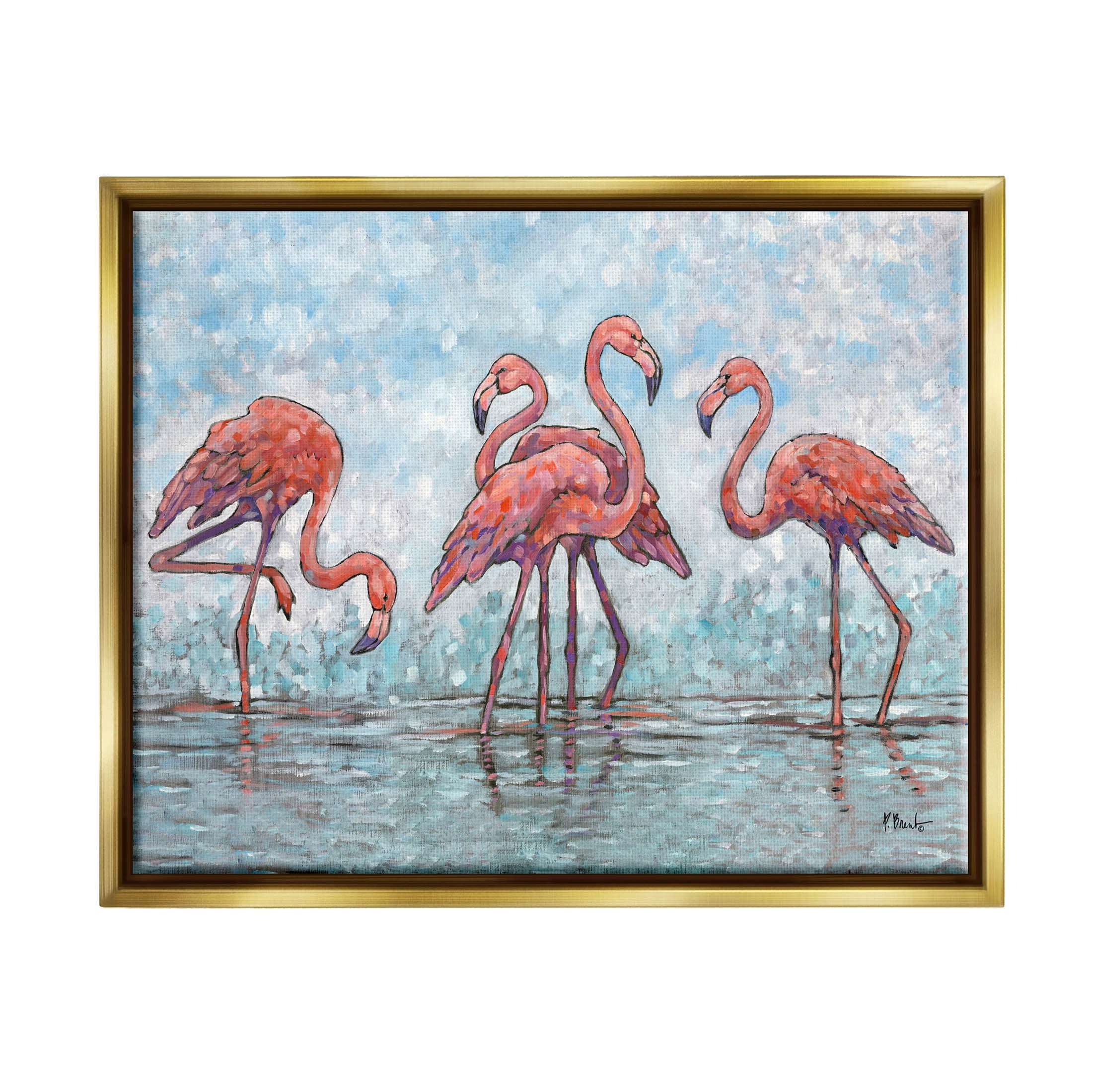 Stupell Industries Flamingos in Lagoon Impressionist Style Painting Metallic Gold Floating Framed Canvas Print Wall Art, Design by Paul Brent