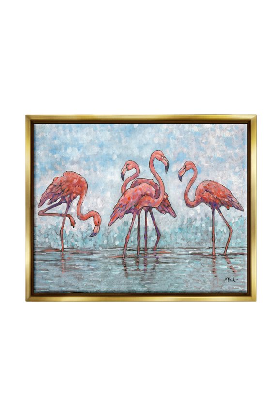 Industries Flamingos in Lagoon Impressionist Style Painting Metallic Gold Floating Framed Canvas Print Wall Art, Design by Paul Brent