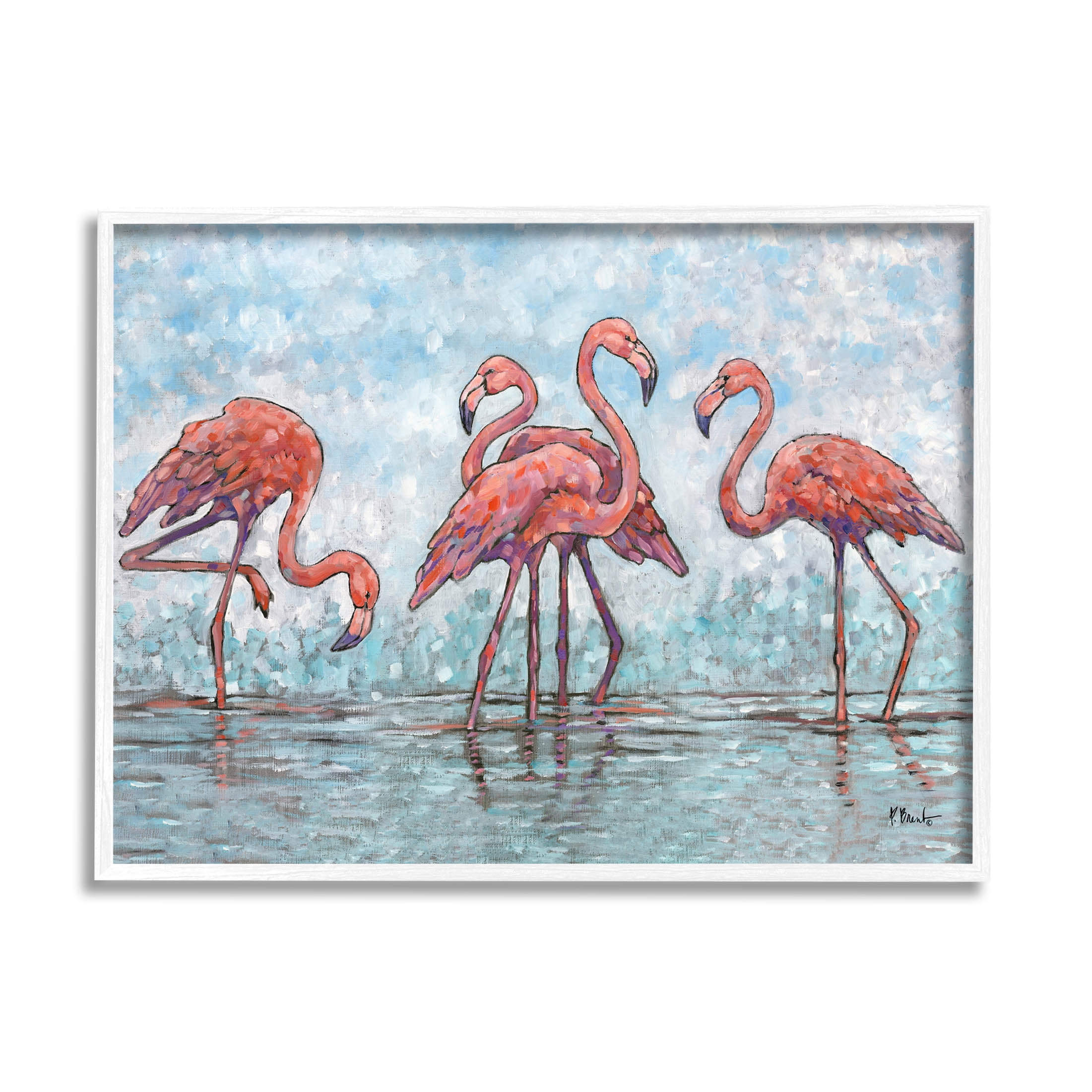 Stupell Industries Flamingos in Lagoon Impressionist Style Painting White Framed Art Print Wall Art, Design by Paul Brent