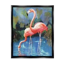 Stupell Industries Flamingos in Lush Pond Animals & Insects Painting Black Floater Framed Canvas Art Print Wall Art, 17 x 21