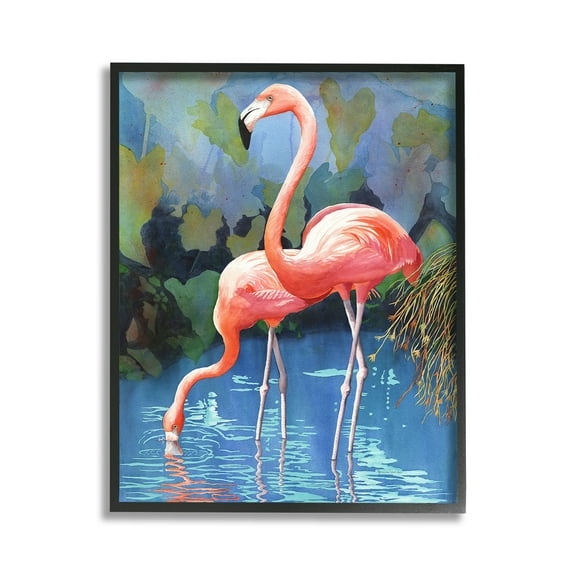 Stupell Industries Flamingos in Lush Pond Animals & Insects Painting Black Framed Art Print Wall Art, 11 x 14
