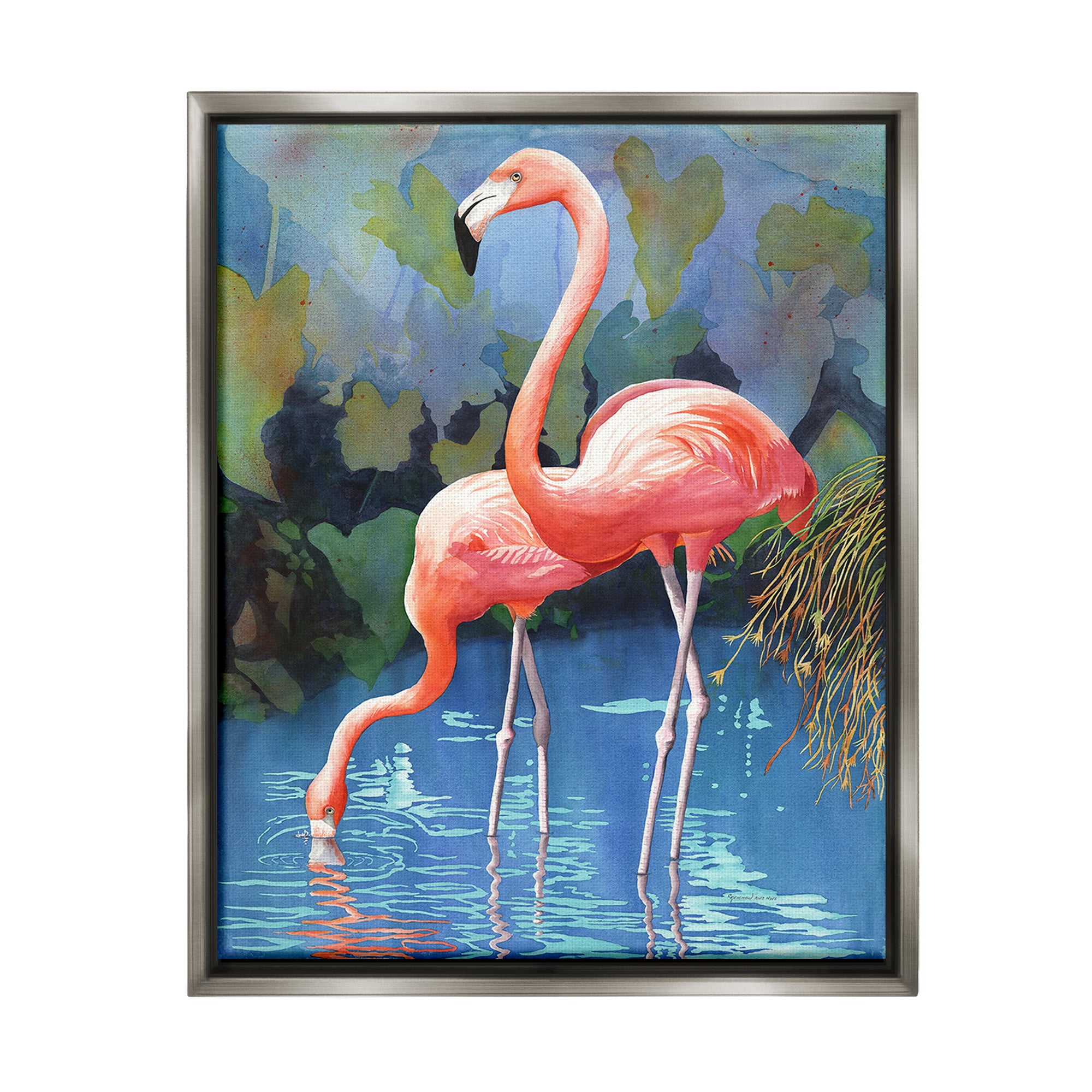 Stupell Industries Flamingos in Lush Pond Animals & Insects Painting Gray Floater Framed Canvas Art Print Wall Art, 17 x 21