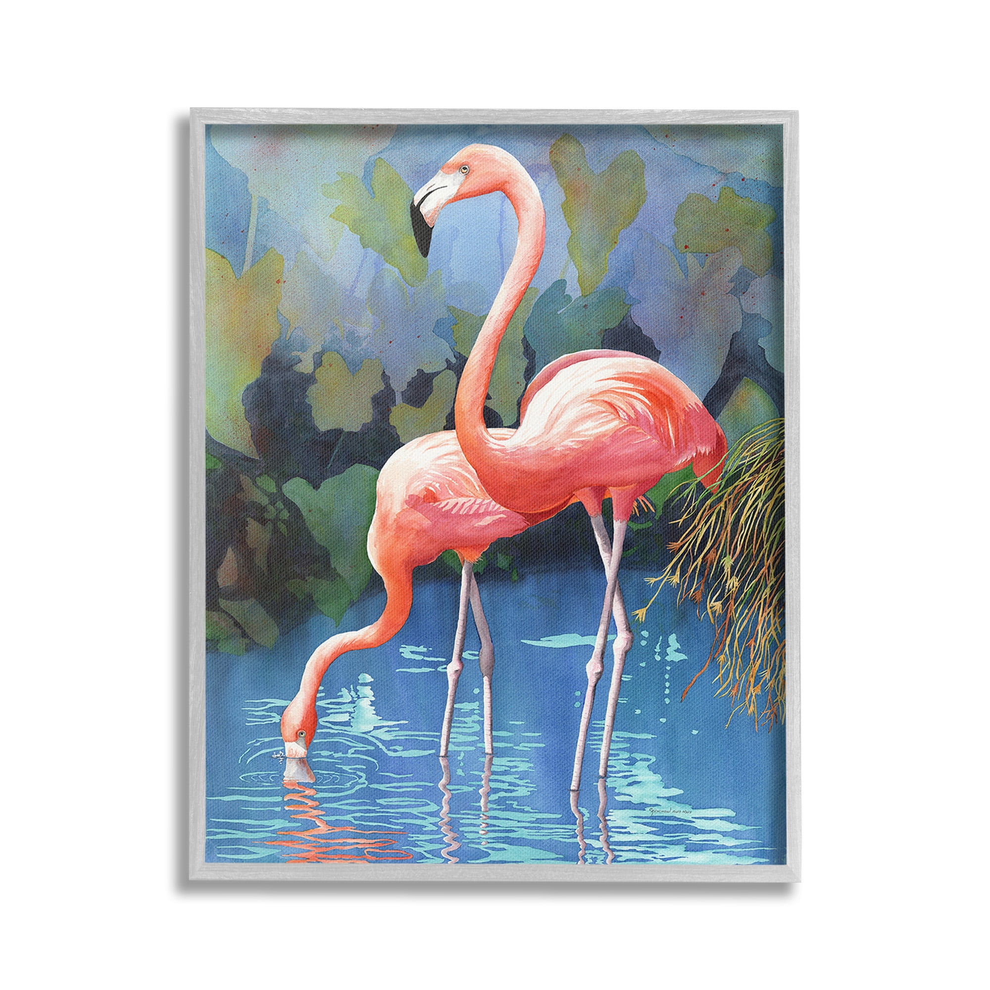 Stupell Industries Flamingos in Lush Pond Animals & Insects Painting Gray Framed Art Print Wall Art, 16 x 20